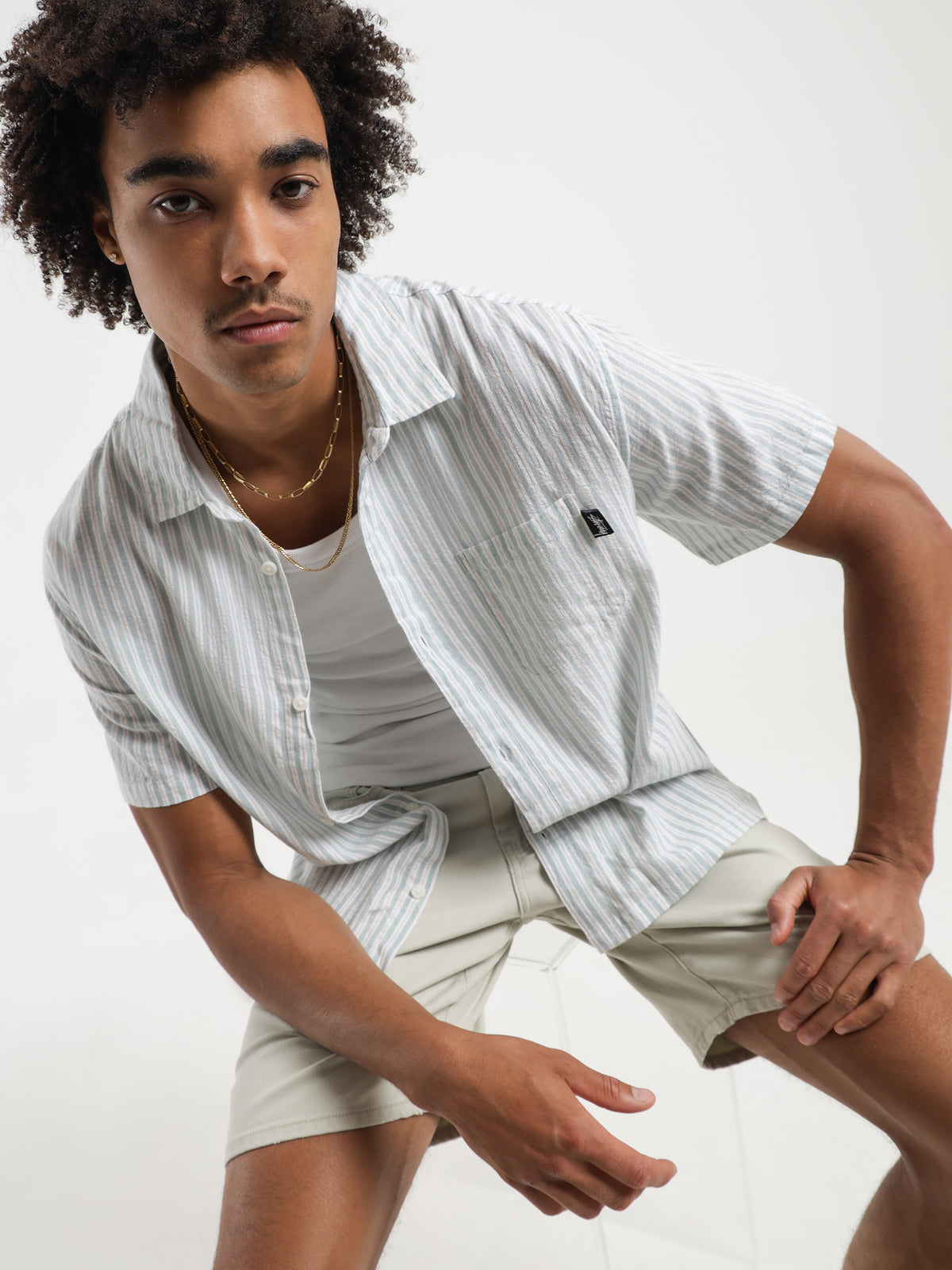 Stussy Cotton Stripe Short Sleeve Shirt in Teal | Teal