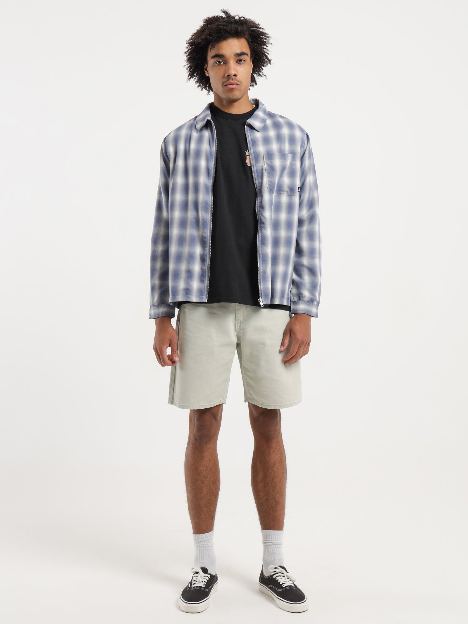 Stussy Shadow Plaid Zip Up LS Shirt in Blue Blue | Glue Store