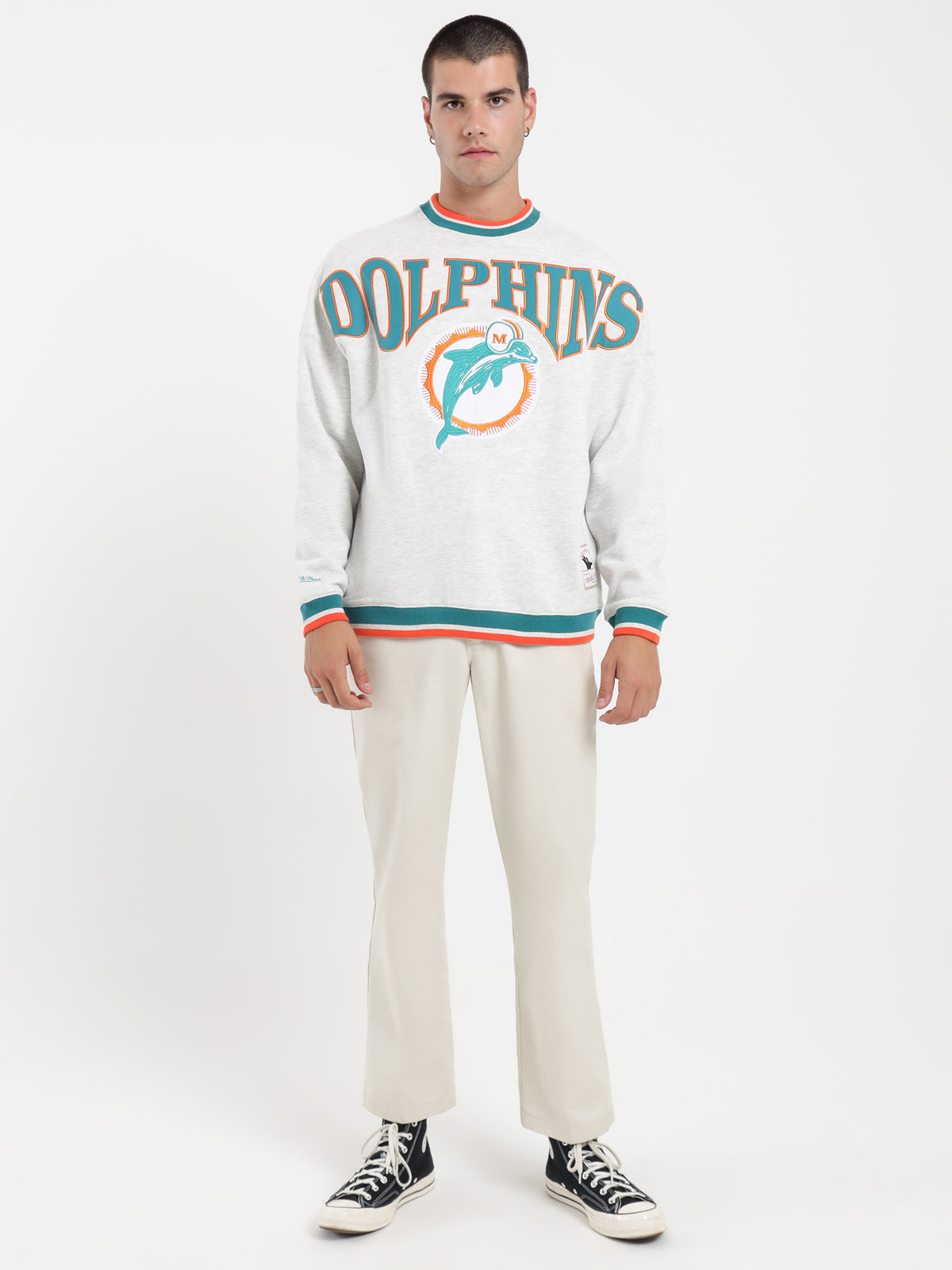 Mitchell & Ness Dolphins Satin Embroidered Crew in White Marle | White Marl