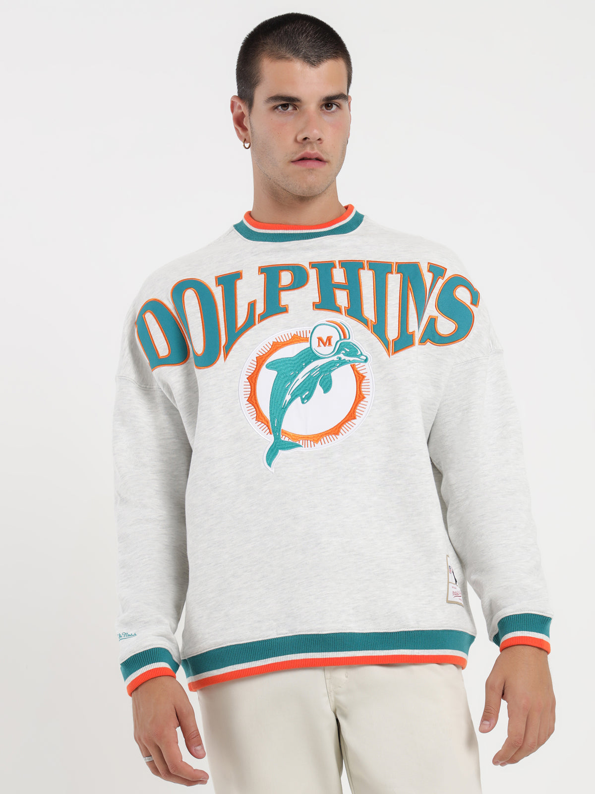 Mitchell & Ness Dolphins Satin Embroidered Crew in White Marle | White Marl