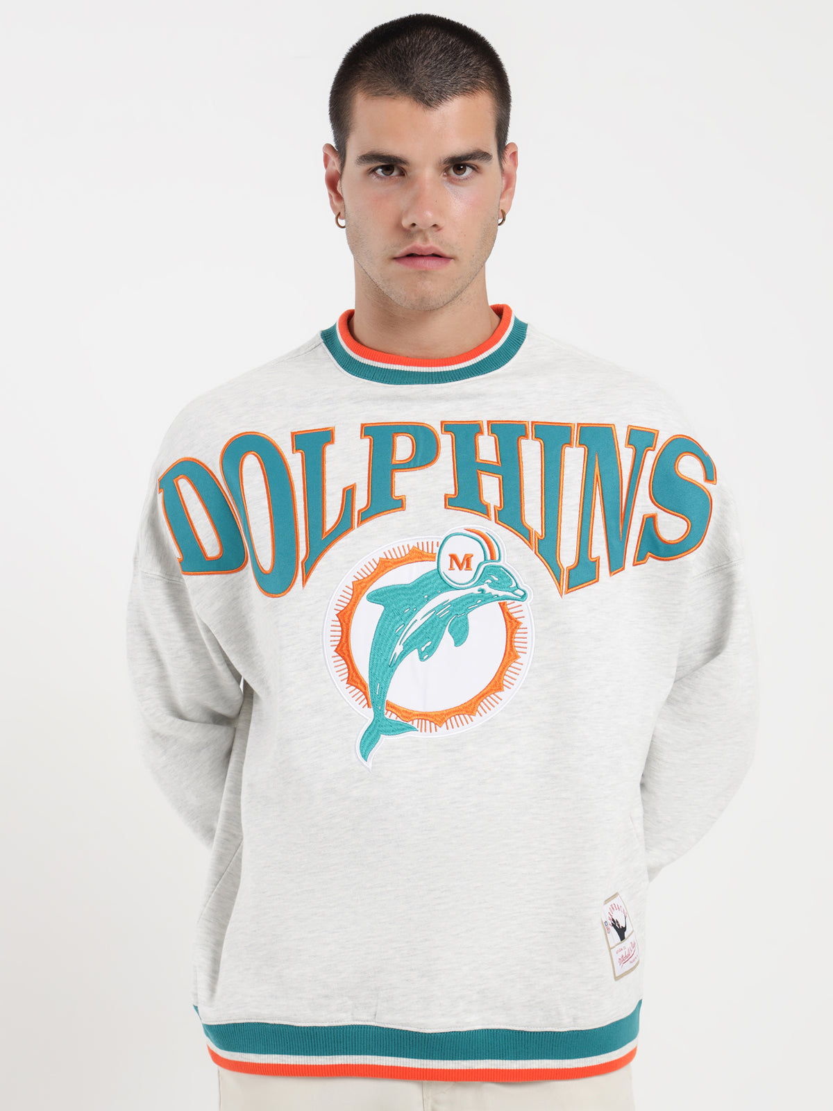 Mitchell & Ness Dolphins Satin Embroidered Crew in White Marle | White Marl