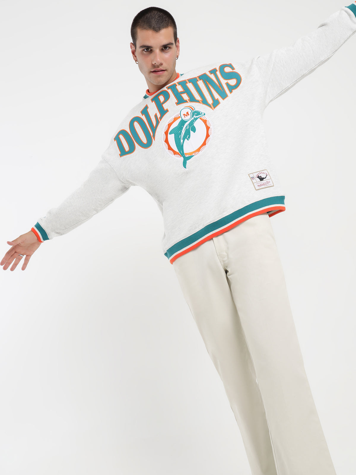 Mitchell & Ness Dolphins Satin Embroidered Crew in White Marle | White Marl