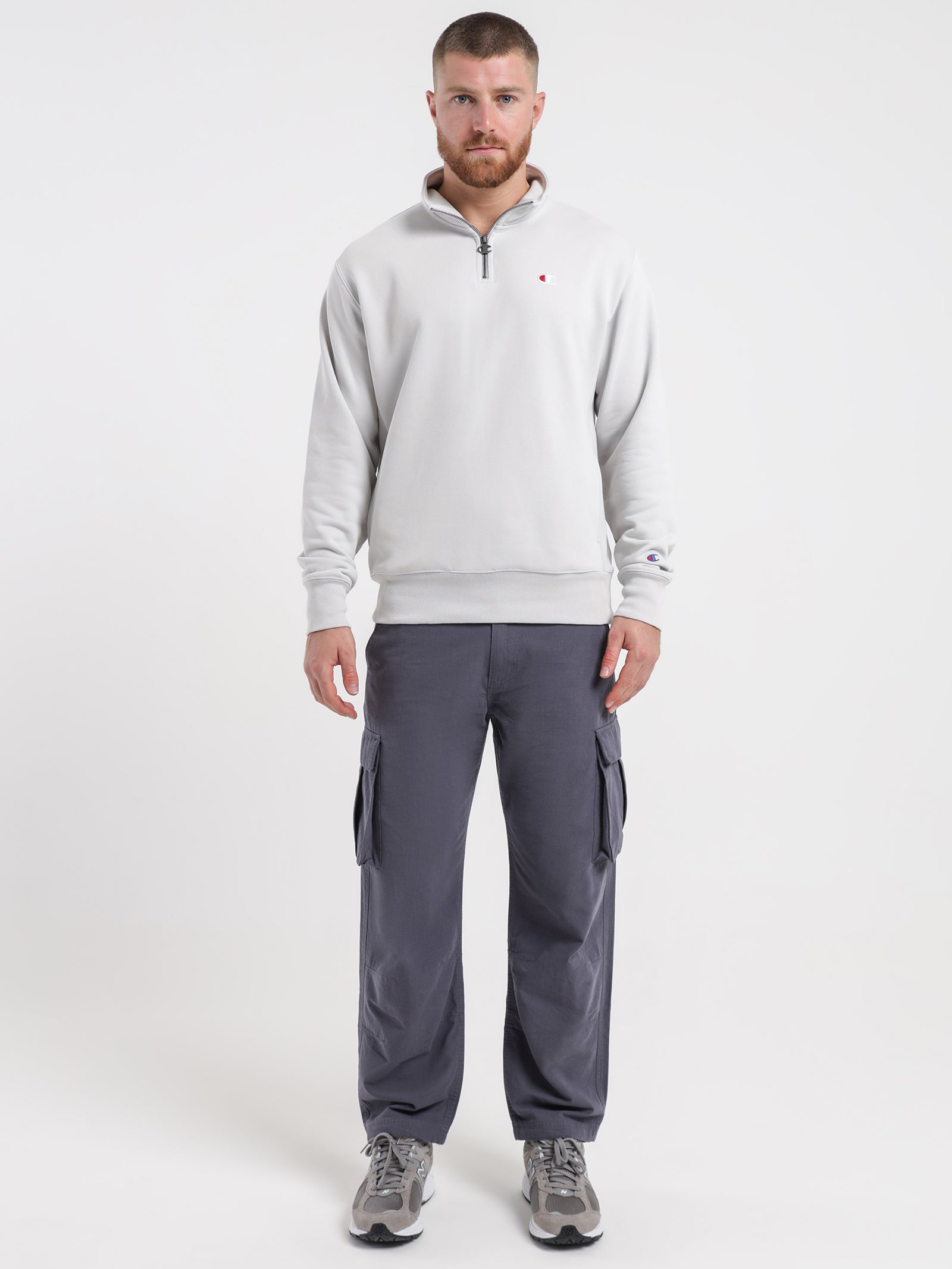 Reverse Weave Terry Quarter Zip Pullover in Grey