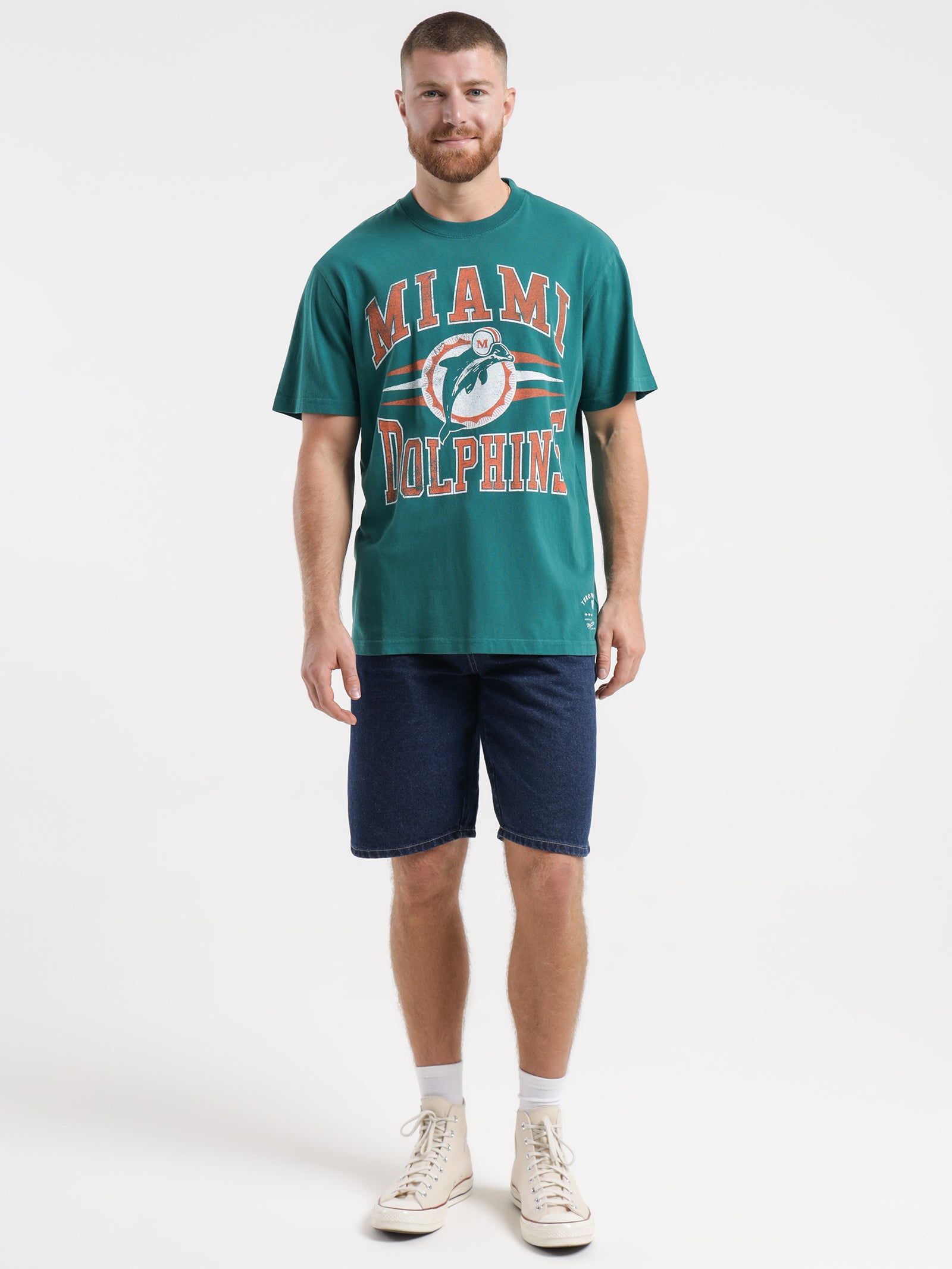 VINTAGE ALL OVER PRINT NFL MIAMI DOLPHINS THUNDER TEE SHIRT 1993