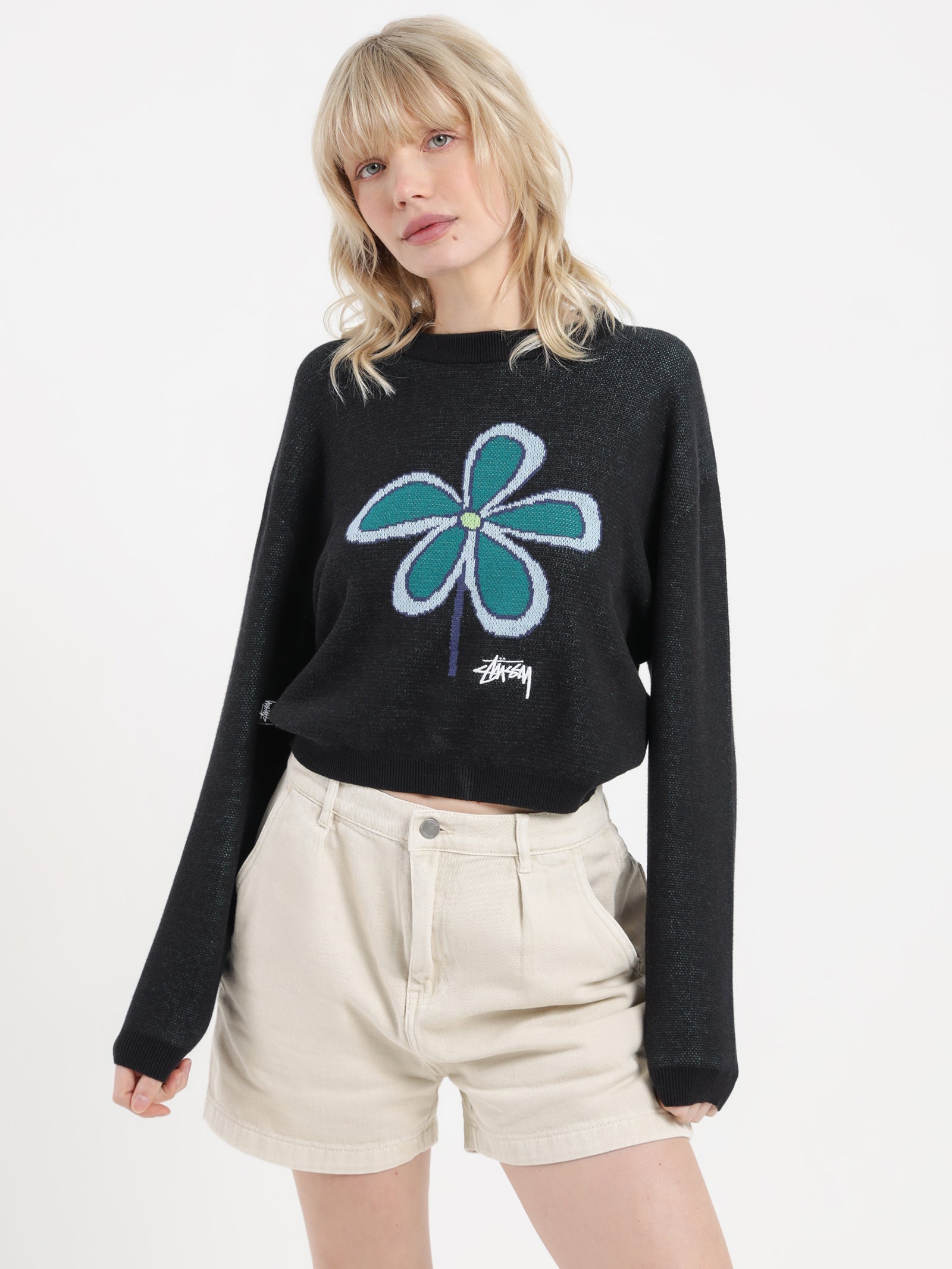 Stussy Jacquard Flower Knit Crewneck Sweater - Black