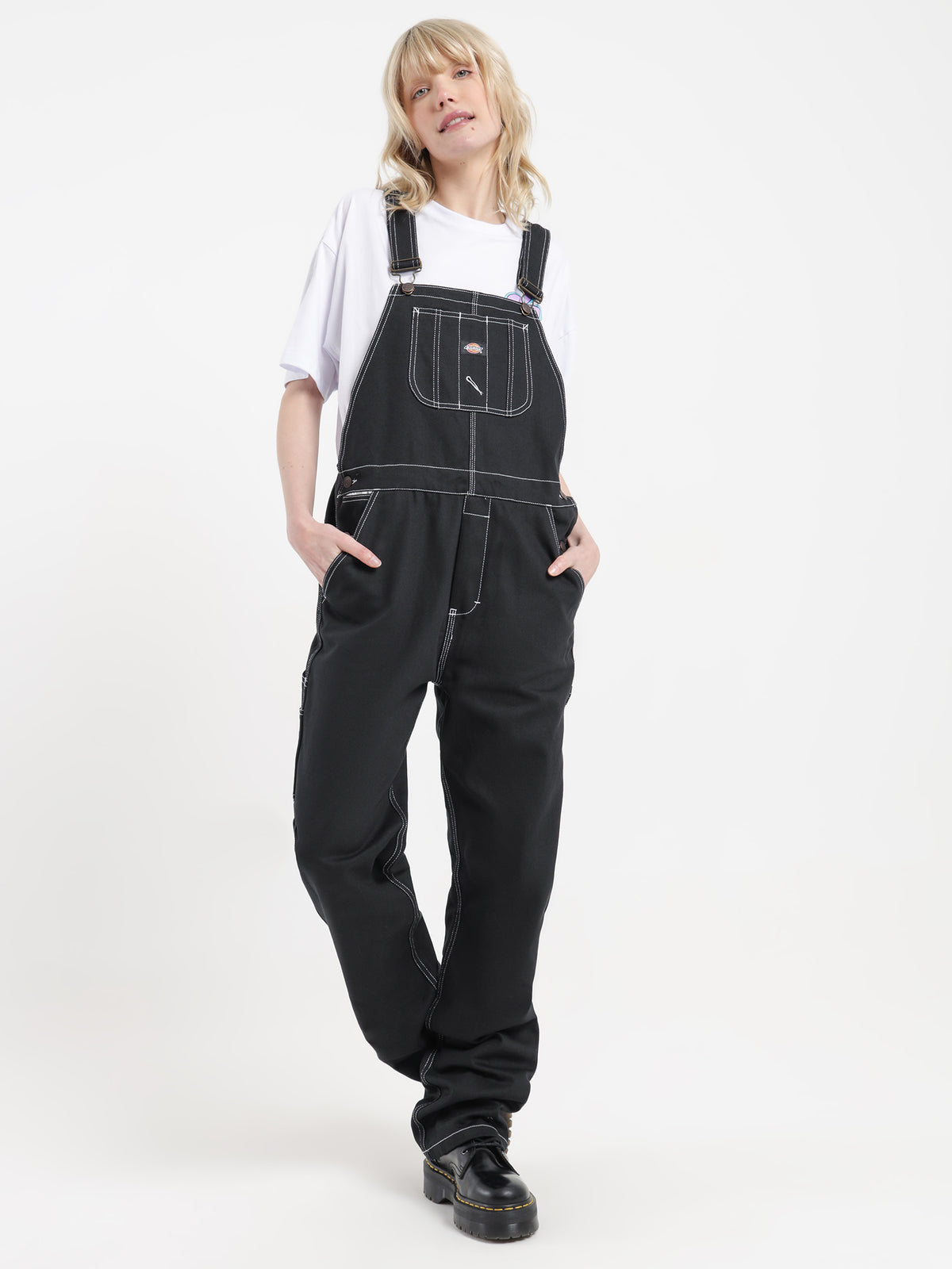 Dickies Relaxed Carpenter Bib & Brace Overalls in Black & White | Black/White