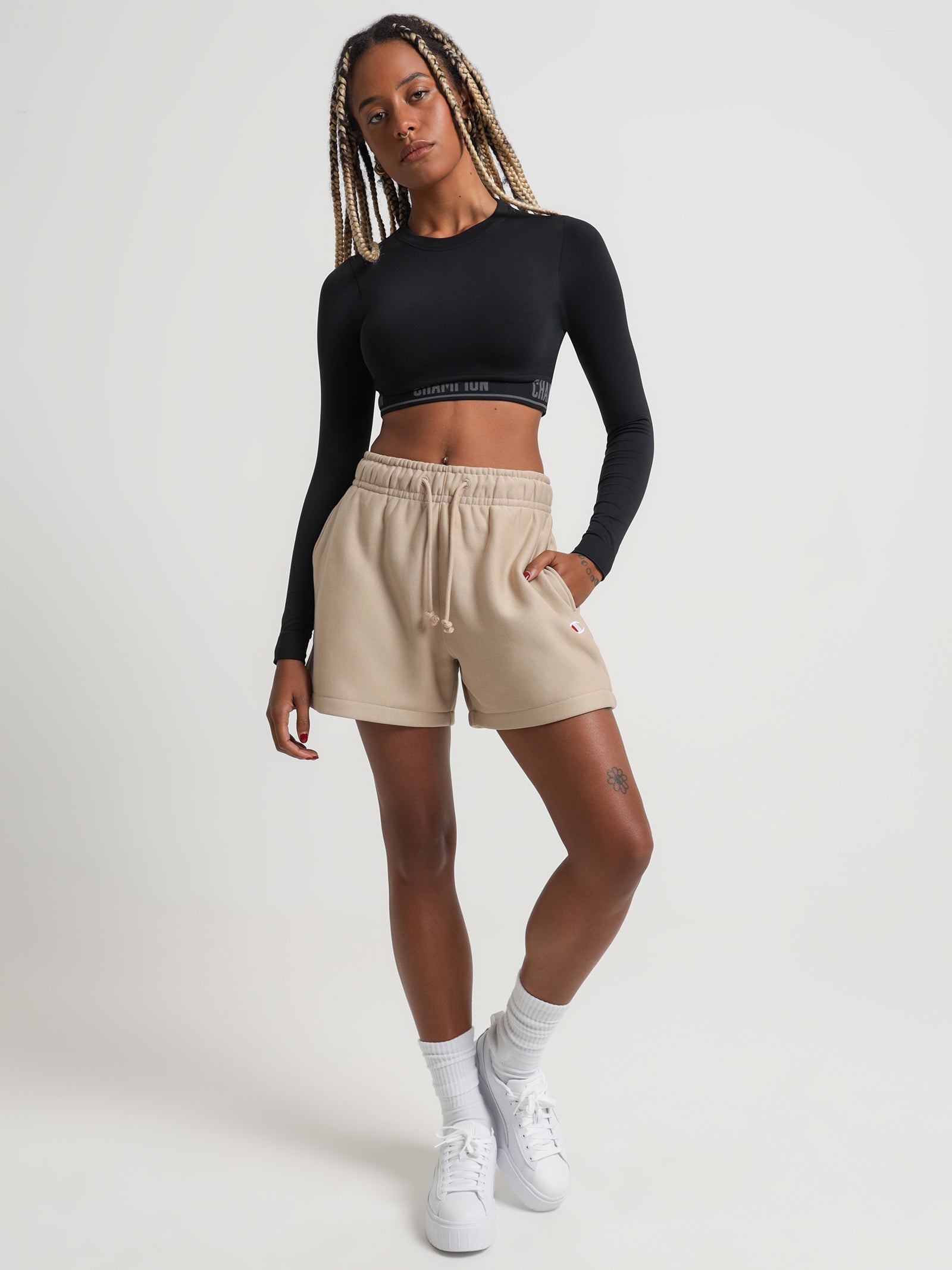 Reverse Weave Small C Relaxed Shorts in Latte