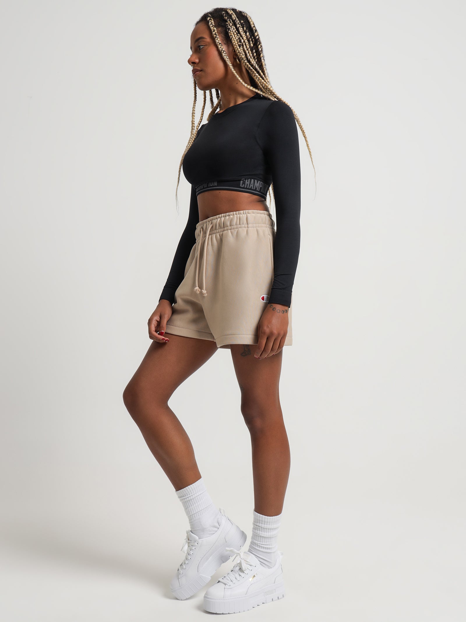 Reverse Weave Small C Relaxed Shorts in Latte