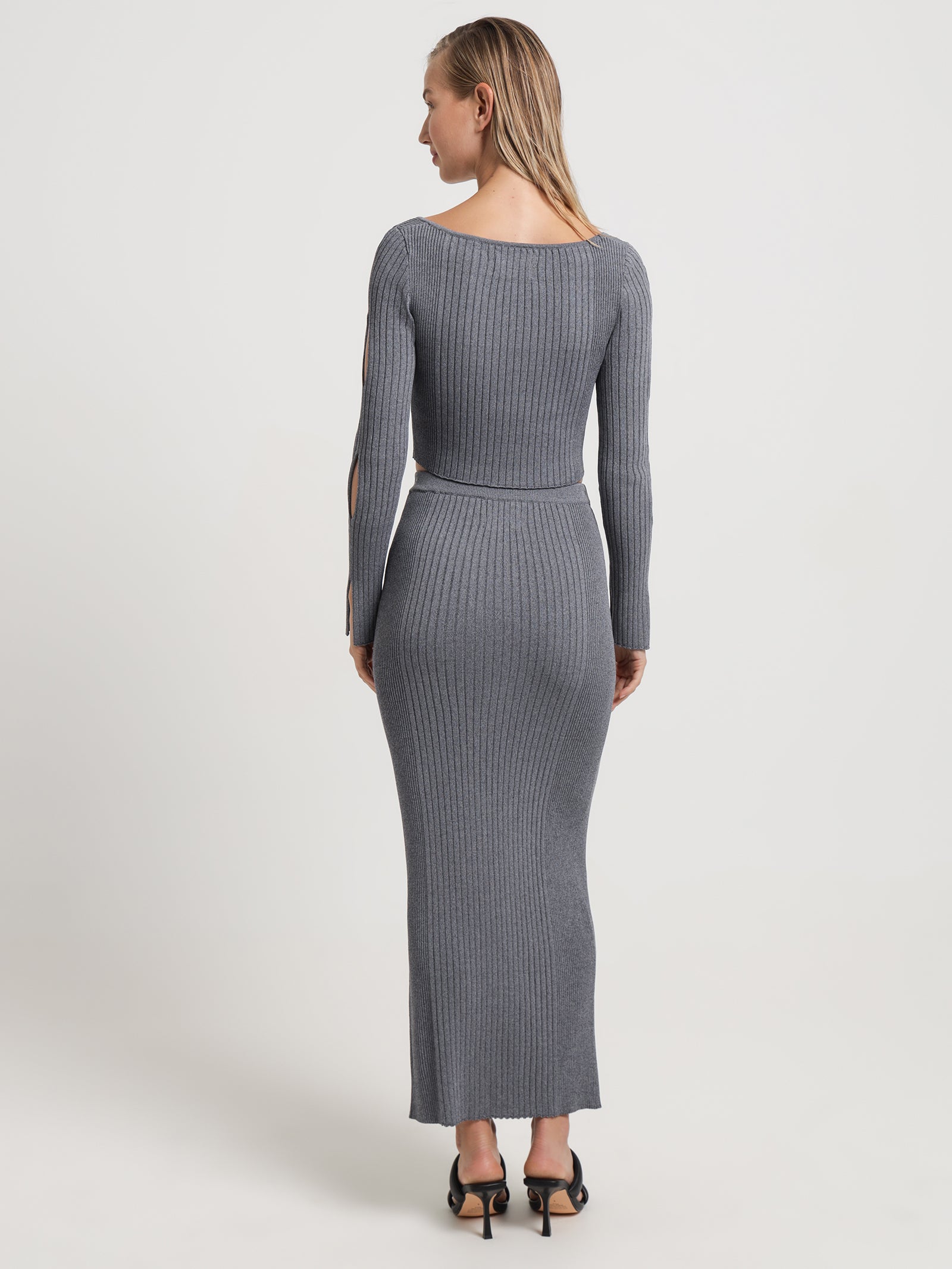 Linea Long Sleeve Rib Knit Midi Dress in Grey Marle