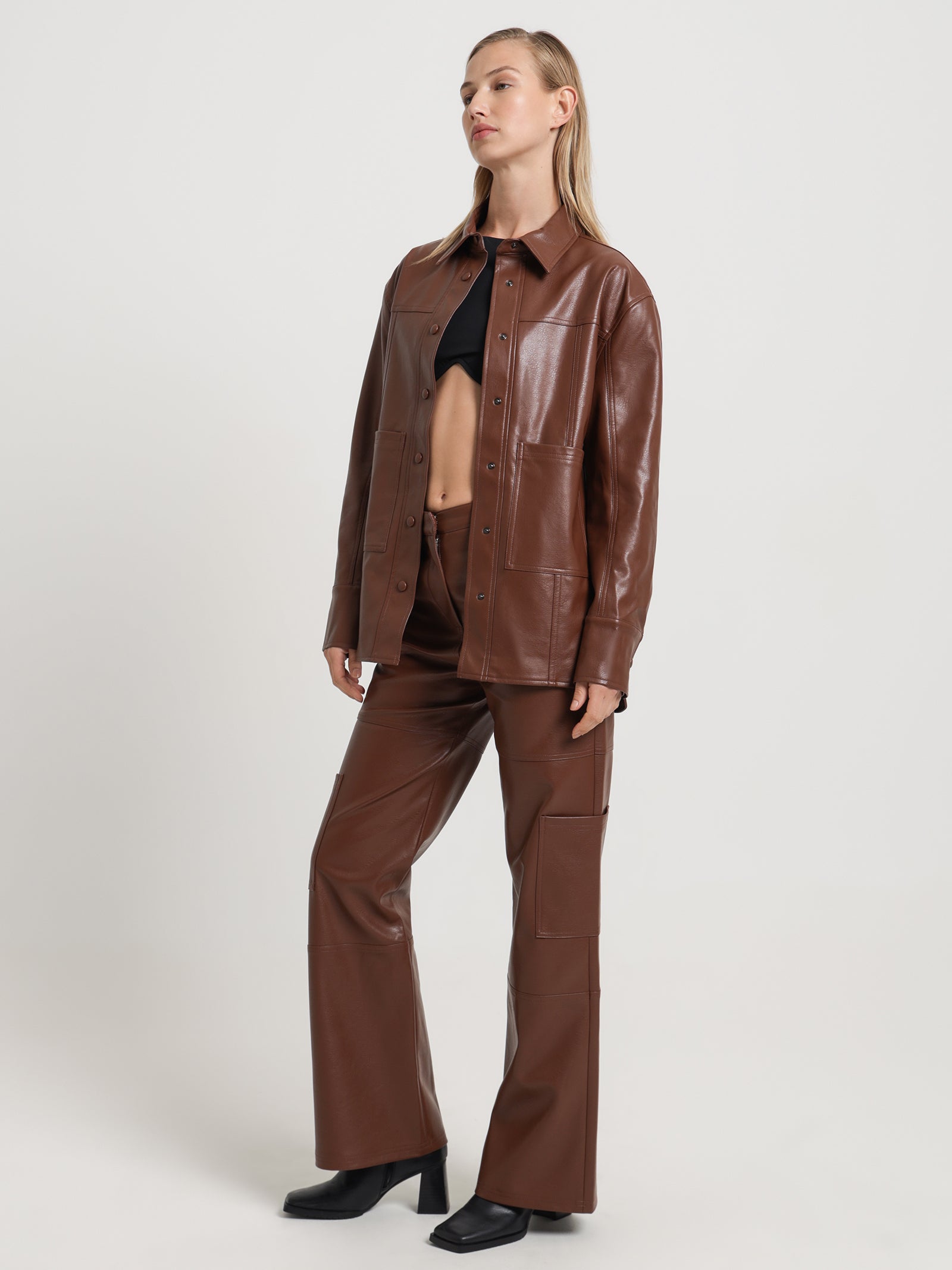 Zima Faux Leather Cargo Pants in Cognac