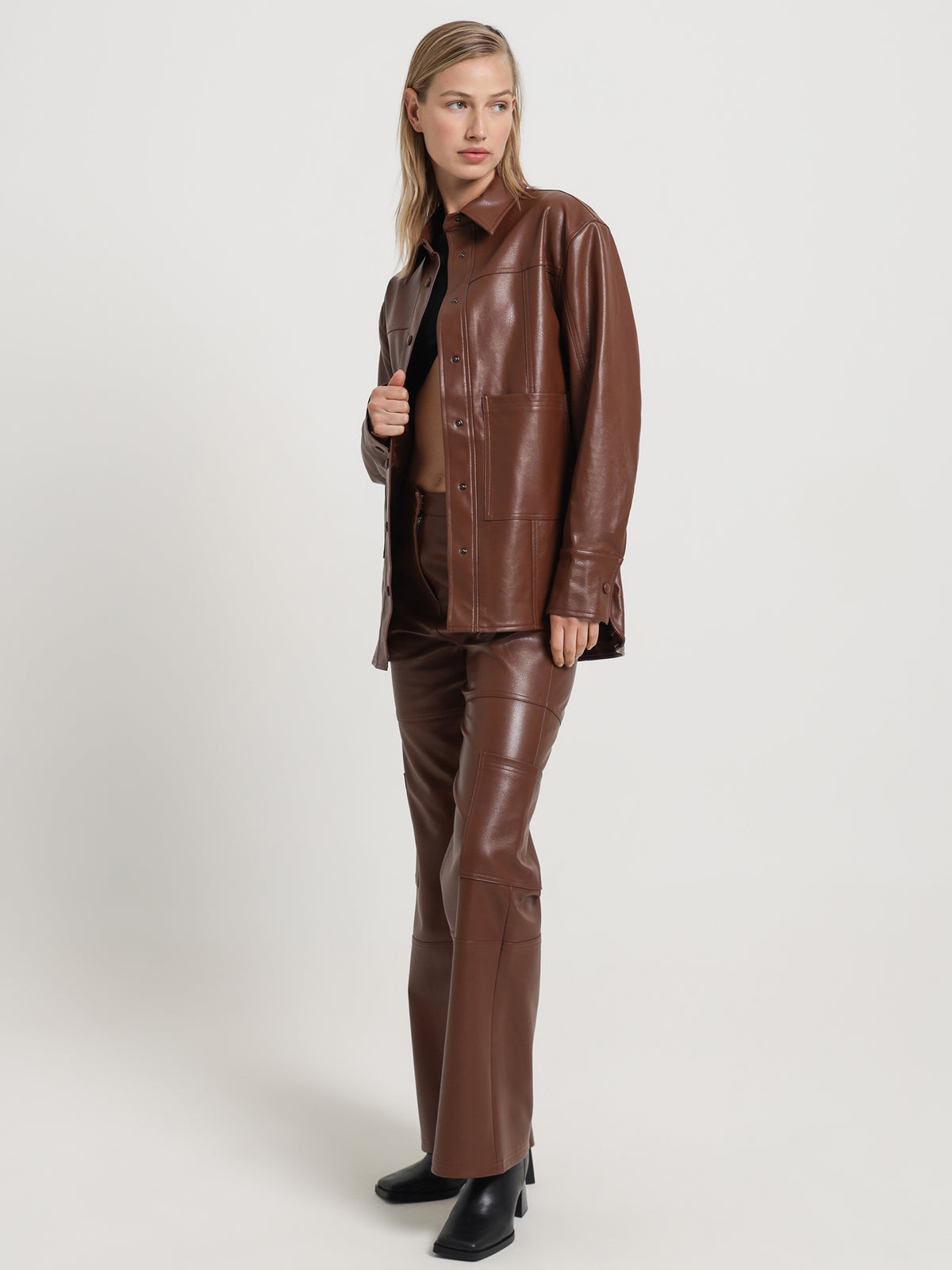 MSE Zima Faux Leather Shacket in Cognac | Cognac