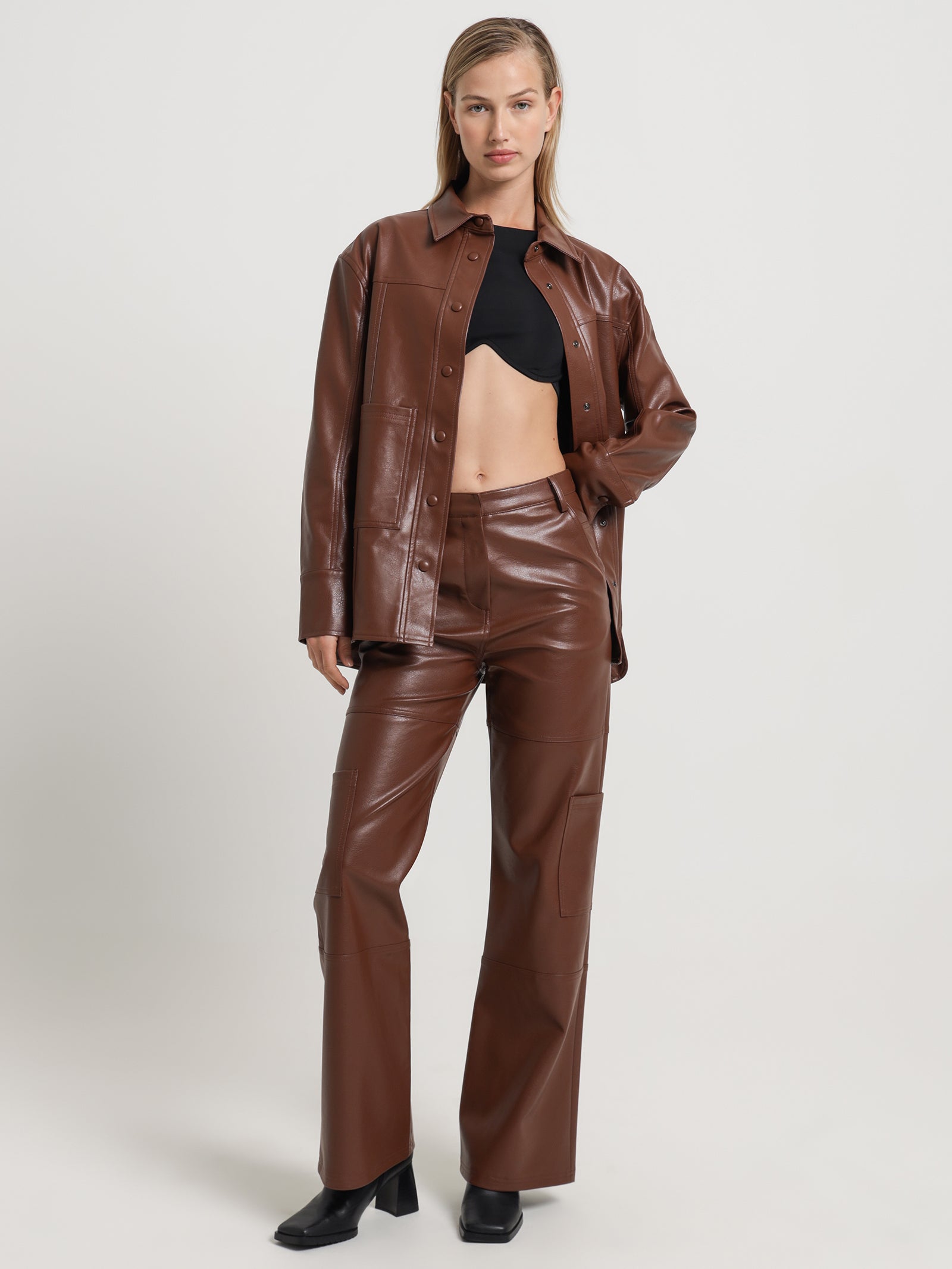 Zima Faux Leather Cargo Pants in Cognac