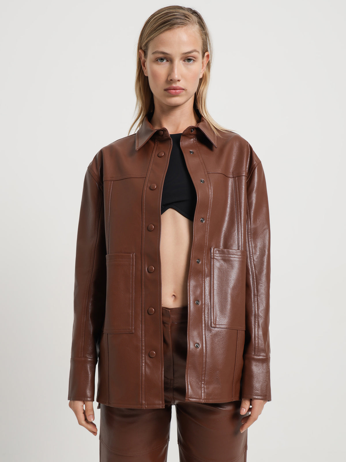 MSE Zima Faux Leather Shacket in Cognac | Cognac