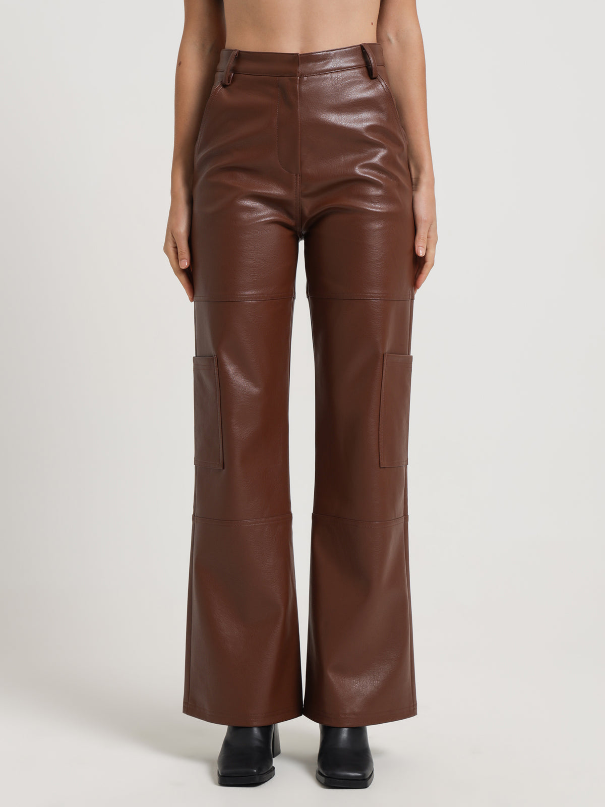 MSE Zima Faux Leather Cargo Pants in Cognac | Cognac