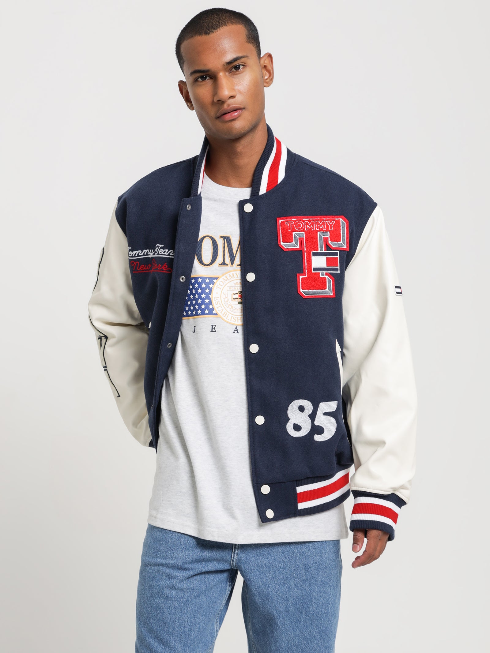 å College Relaxed Baseball Letterman Jacket in Navy Navy | Glue Store