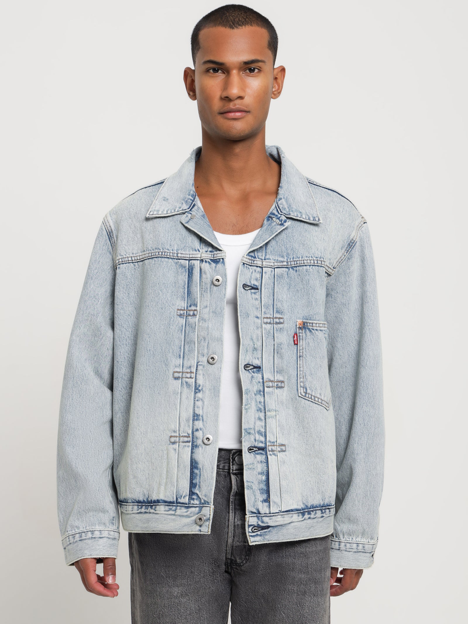 Type 1 Trucker Denim Jacket in Light Indigo Worn In Blue | Glue Store