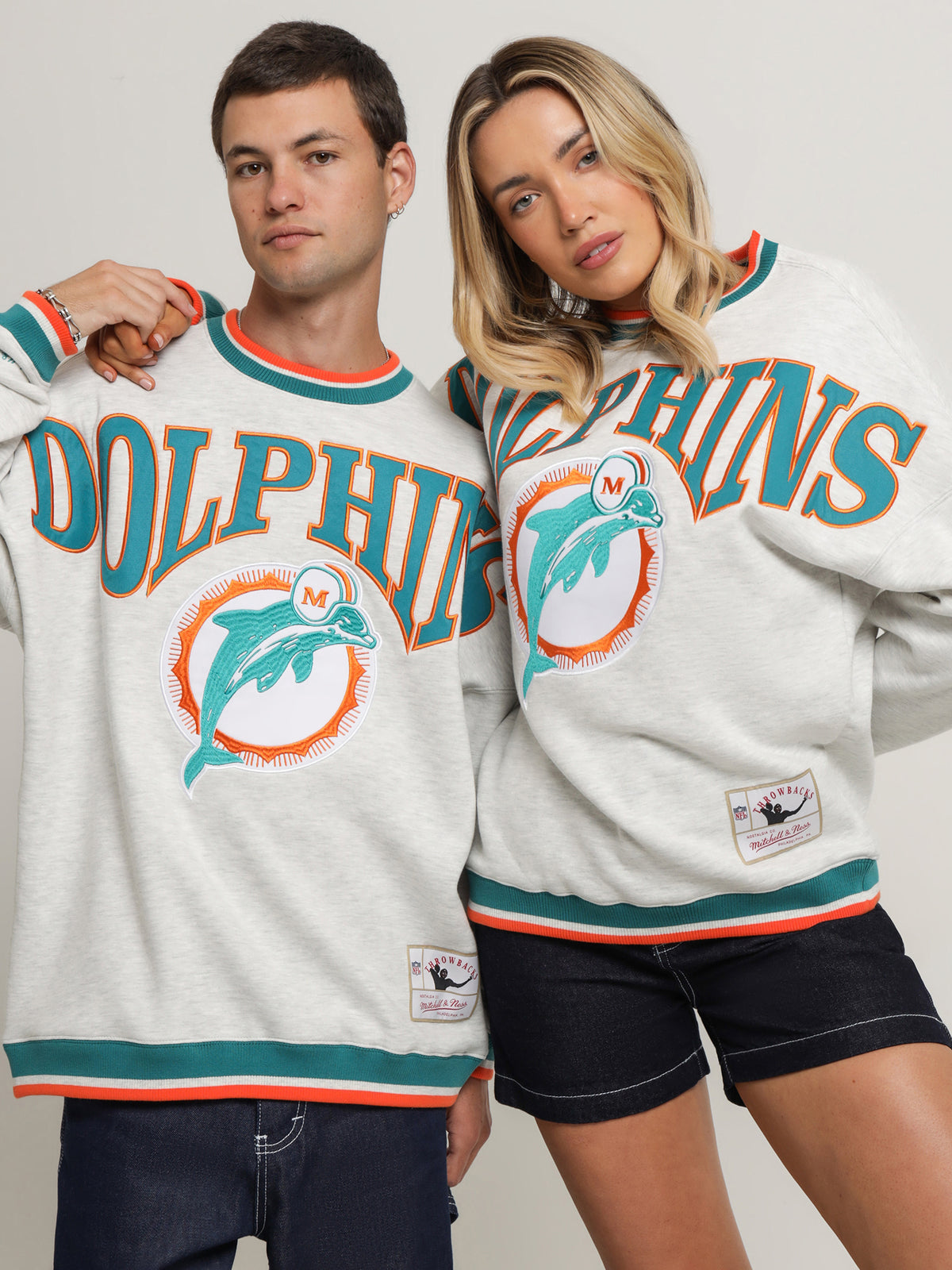 Mitchell & Ness Dolphins Satin Embroidered Crew in White Marle | White Marl