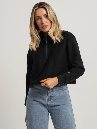 Reverse Weave Half Zip Pullover in Black