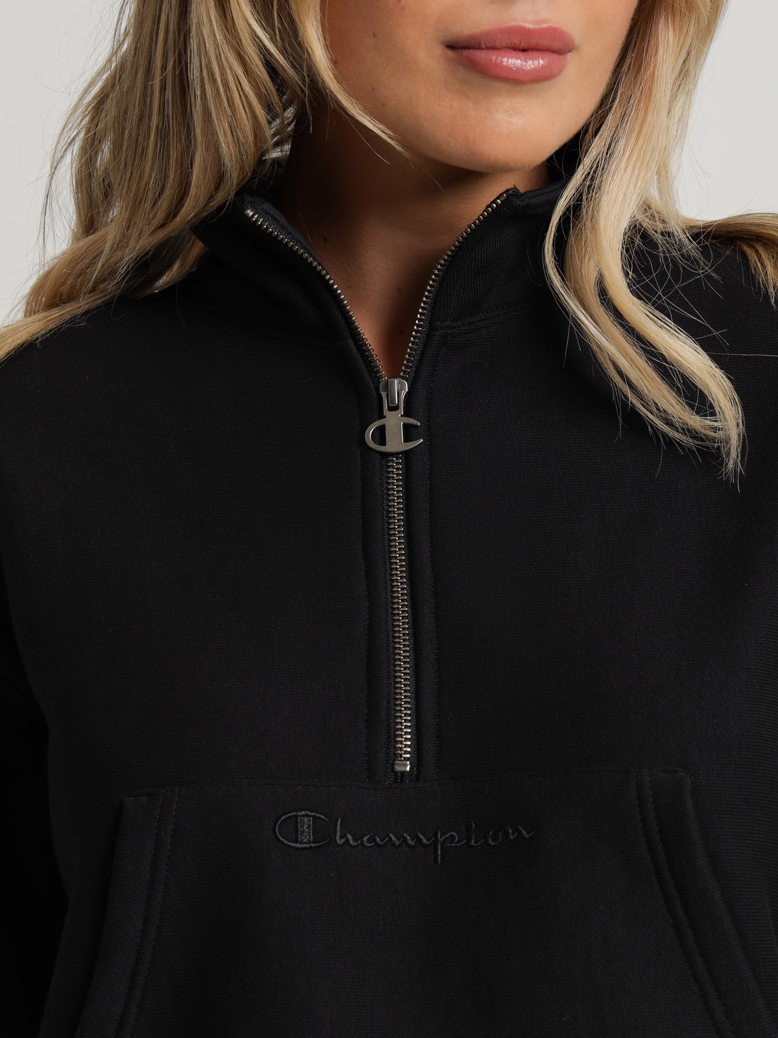 Reverse Weave Half Zip Pullover in Black