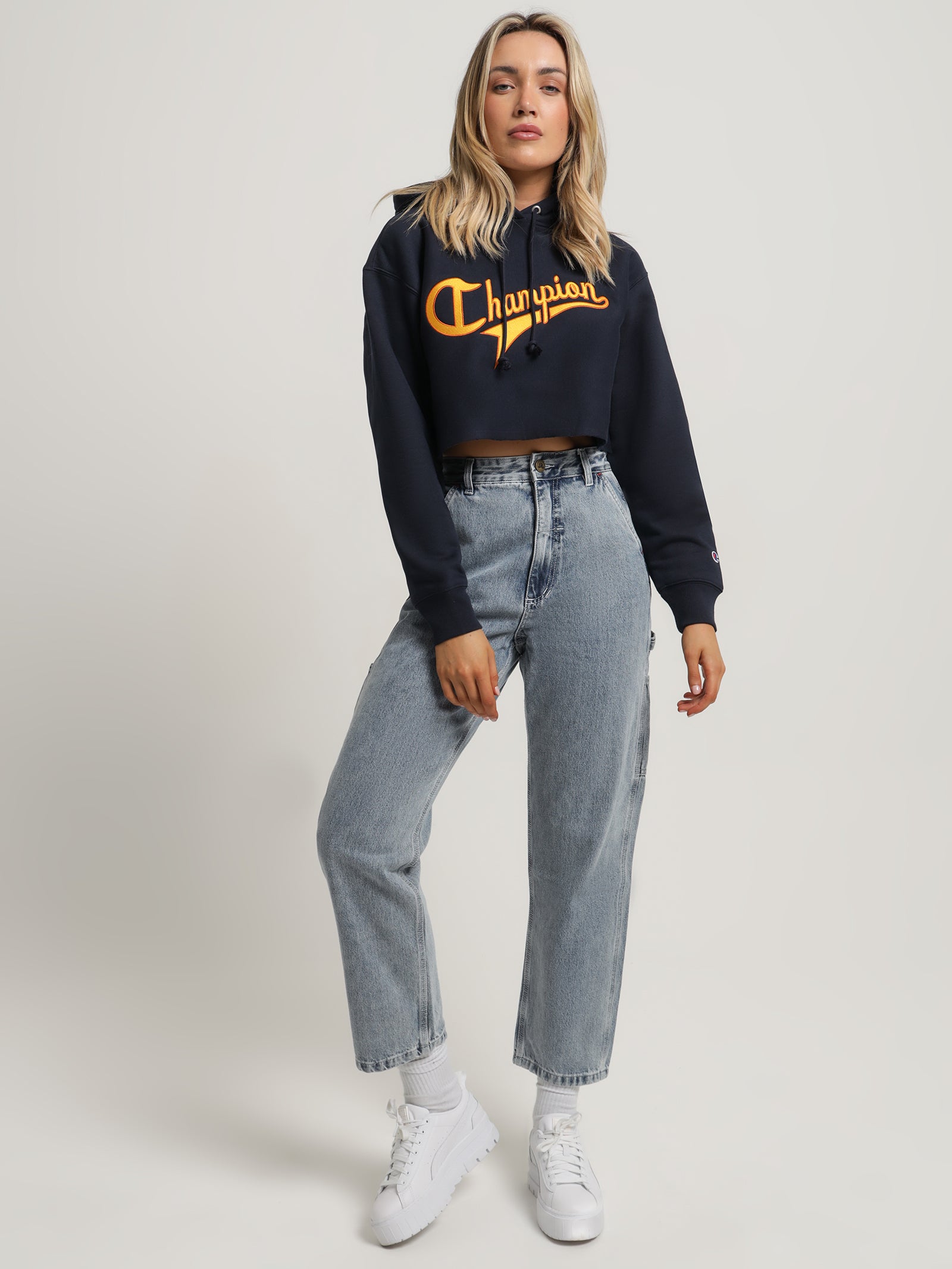 Reverse Weave Collegiate Cursive Script Hoodie in Navy