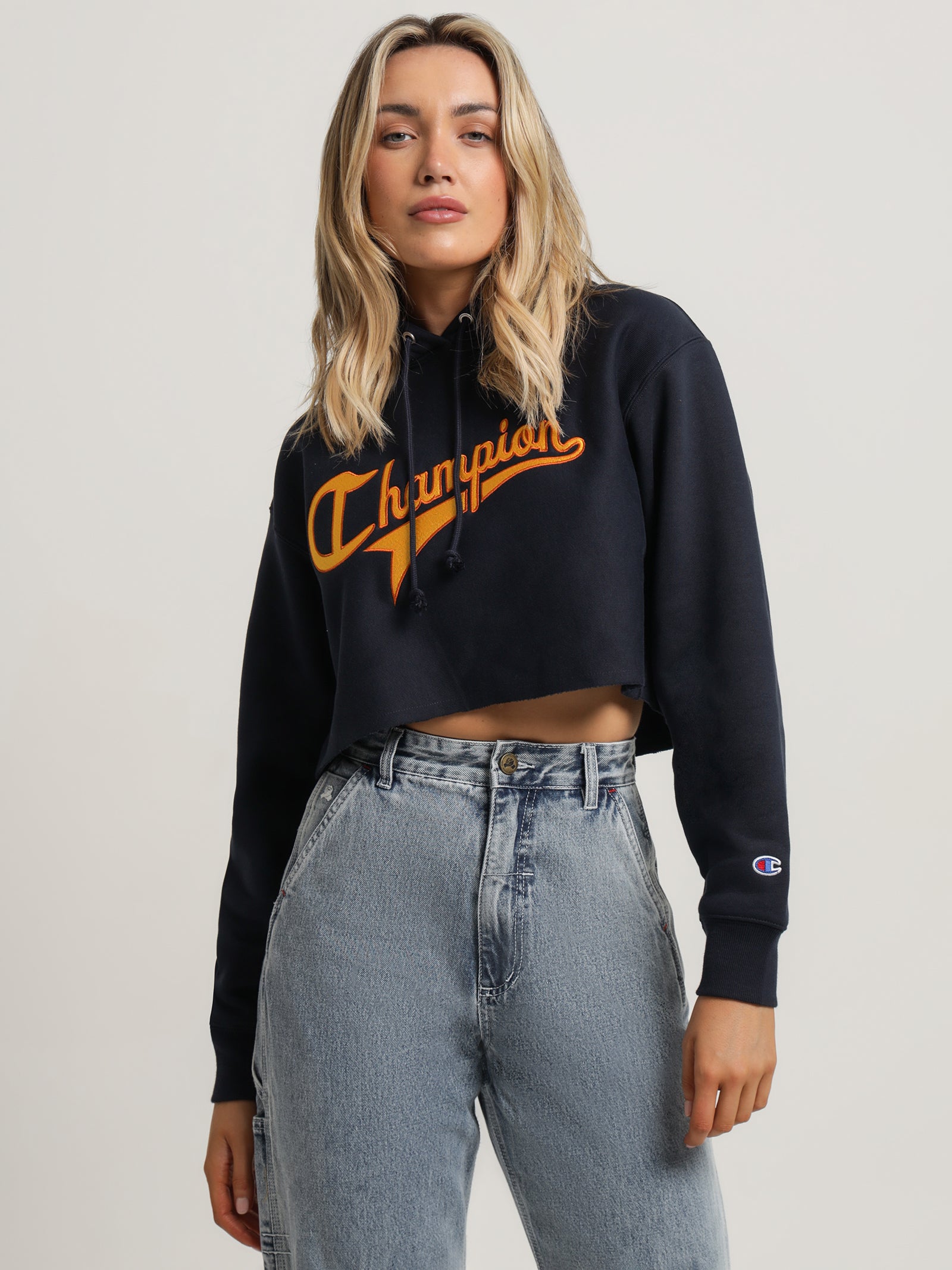 Reverse Weave Collegiate Cursive Script Hoodie in Navy