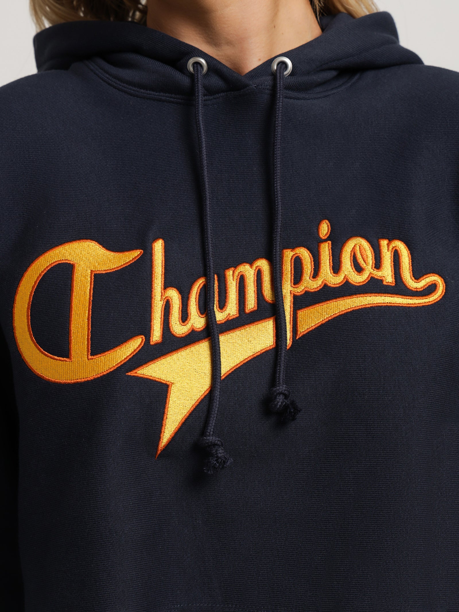 Reverse Weave Collegiate Cursive Script Hoodie in Navy