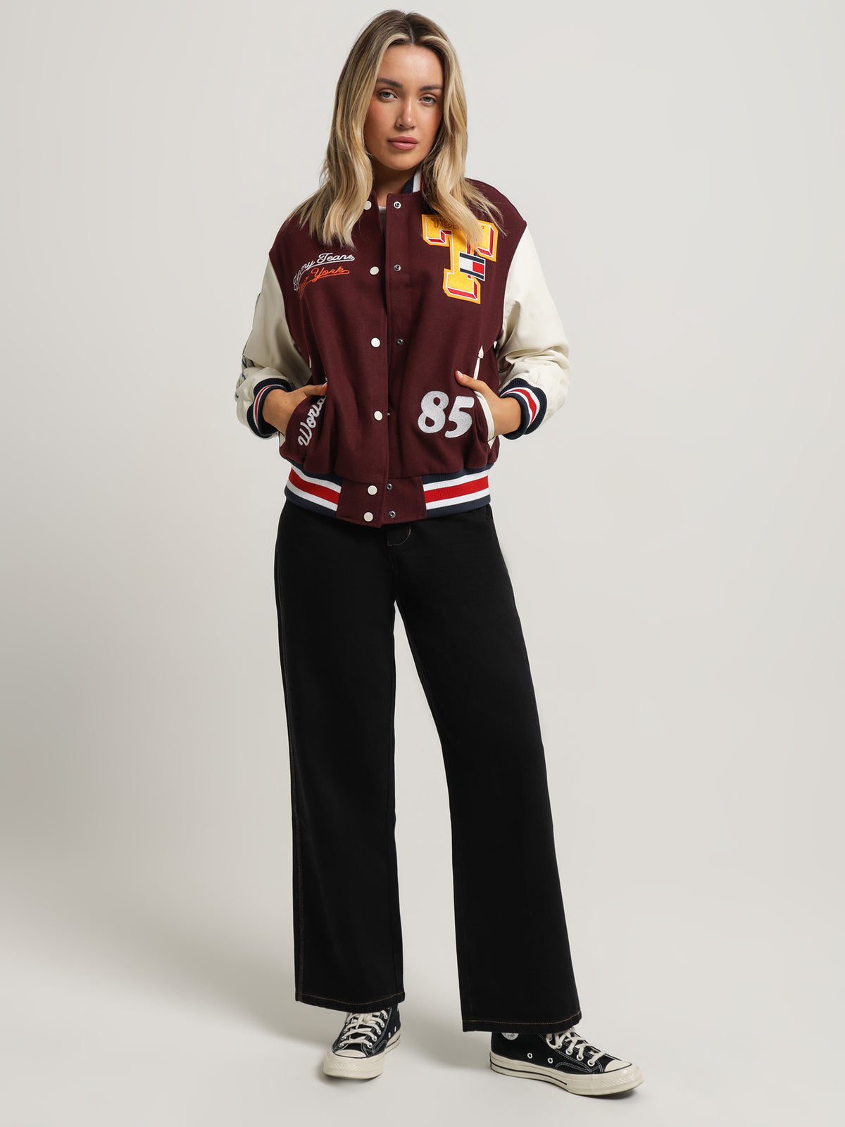 Tommy Hilfiger College Oversized Fit Letterman Jacket in Deep Rouge | Rouge