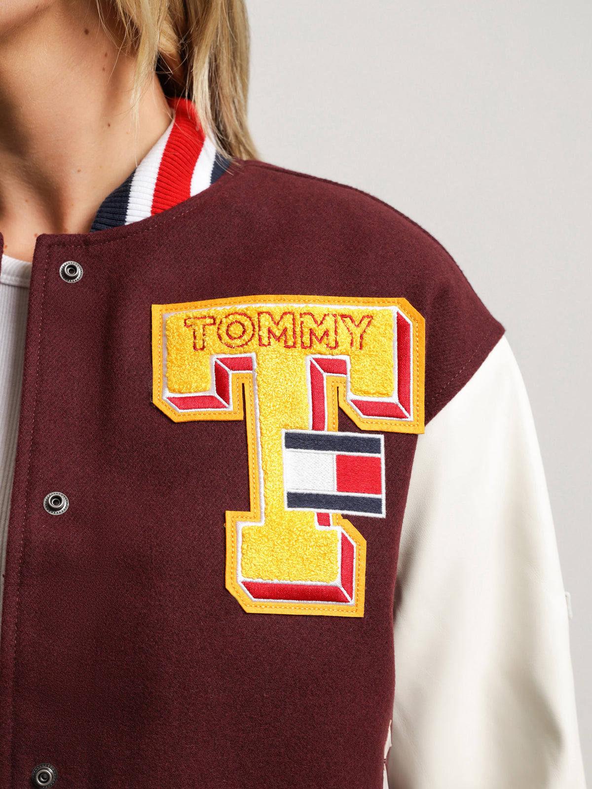 Tommy Hilfiger College Oversized Fit Letterman Jacket in Deep Rouge | Rouge