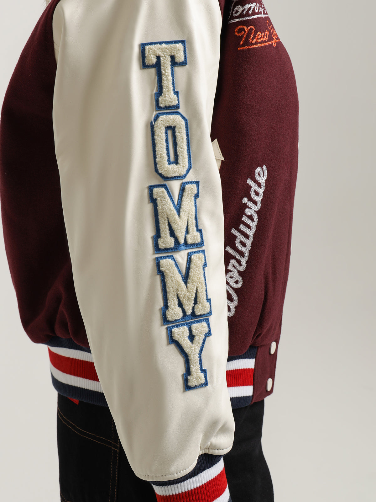 Tommy Hilfiger College Oversized Fit Letterman Jacket in Deep Rouge | Rouge