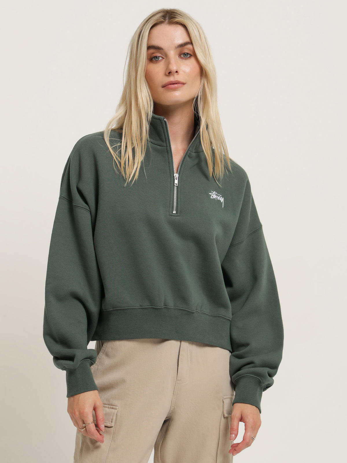 Stussy Stock 1/4 Zip Fleece Sweater in Fern Green | Fern Green