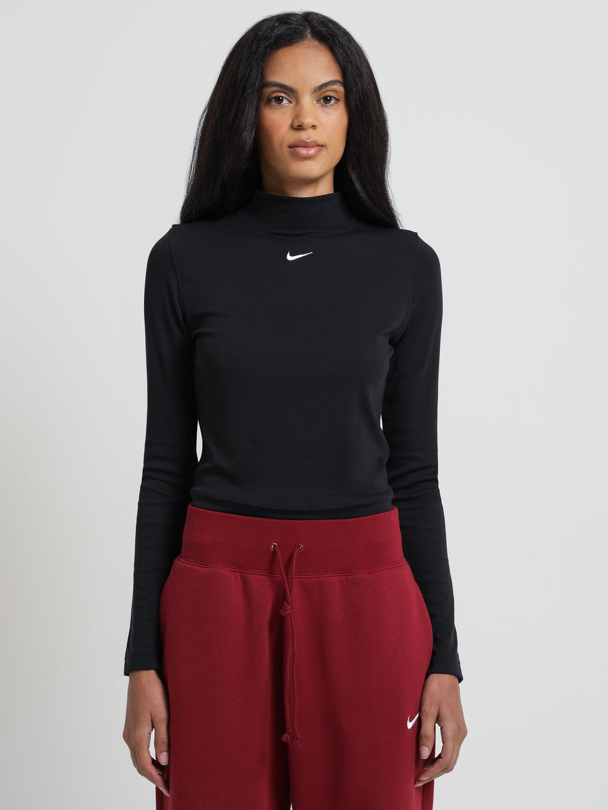 Nike Sportswear Essentials Ribbed Mock Neck Long Sleeve Top in Black | Black/White