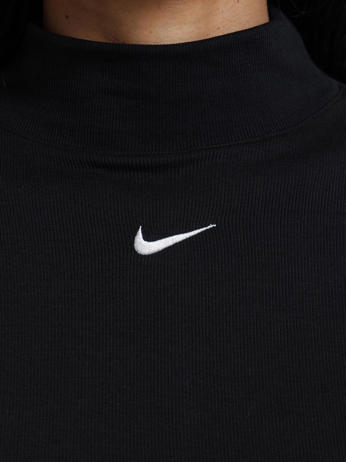 Nike Sportswear Essentials Ribbed Mock Neck Long Sleeve Top in Black | Black/White