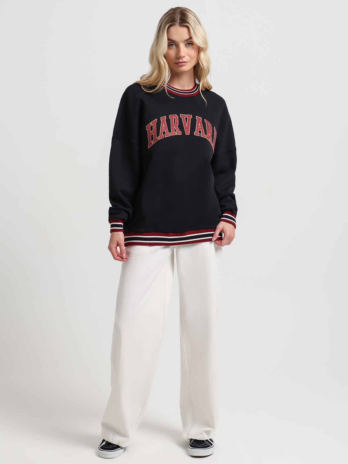 Mitchell & Ness Harvard Trim Crew Neck Sweater in Black | Black