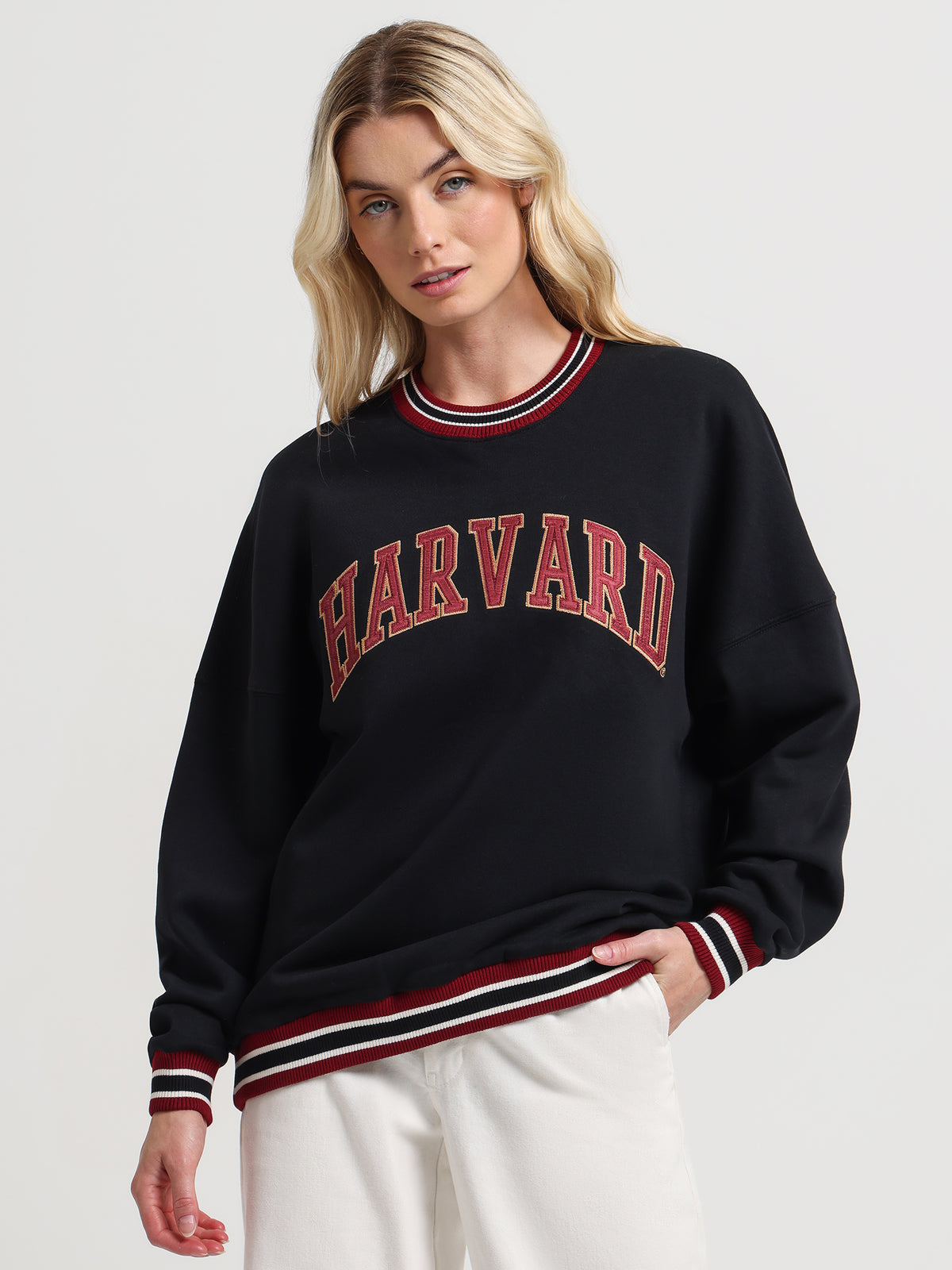 Mitchell & Ness Harvard Trim Crew Neck Sweater in Black | Black