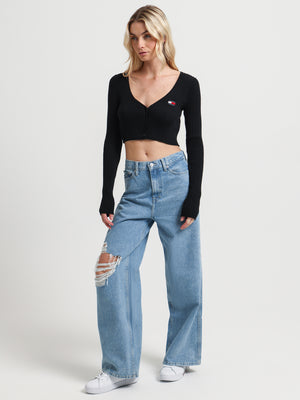 Badge Rib Knit Cropped Fit Cardigan in Black - Glue Store