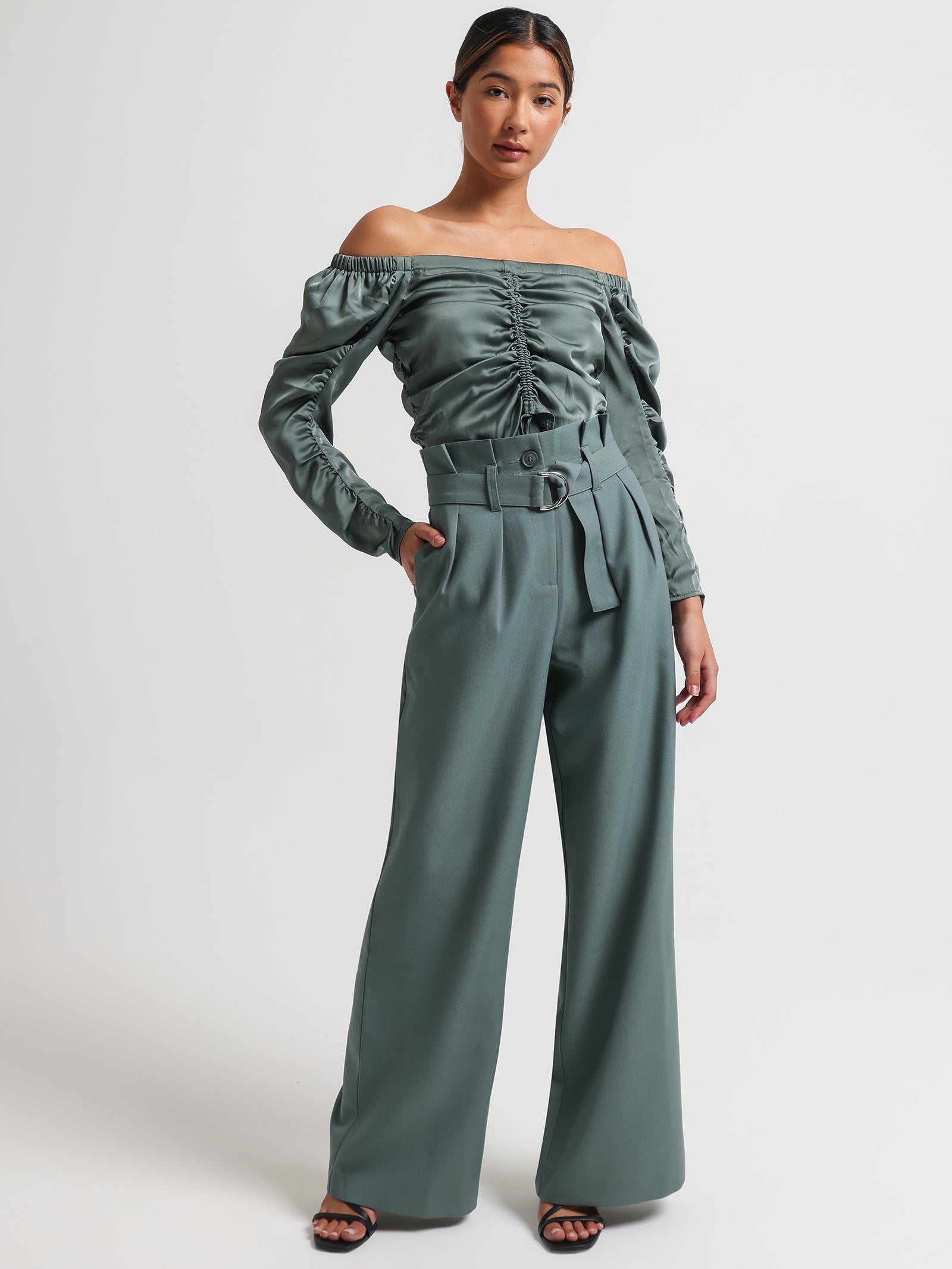 Sammy Belted Paperbag Pants in Sage