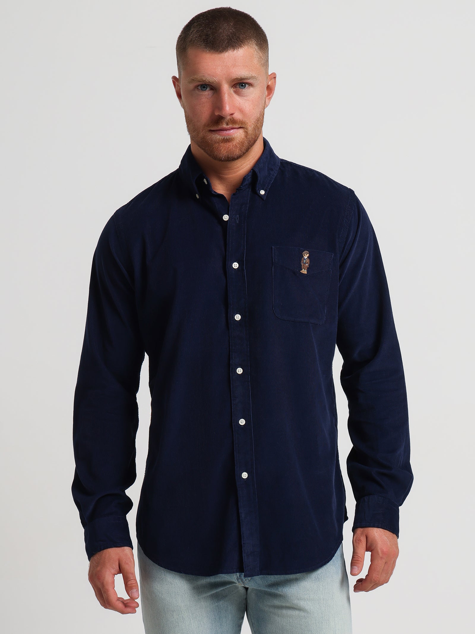 Custom Bear Embroidery Cord Shirt in Navy Heritage Icon Bear