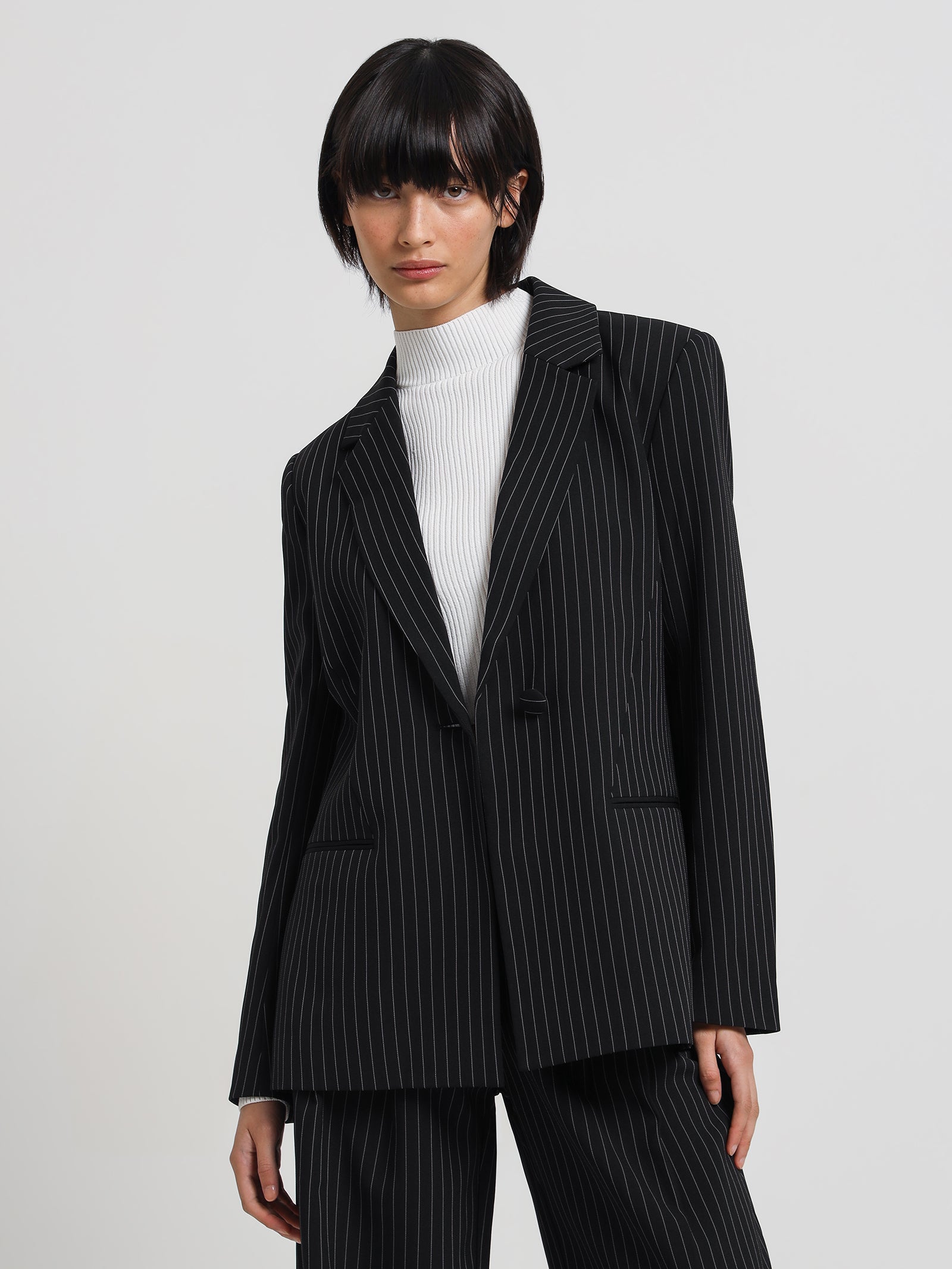 Taryn Blazer in Black Pinstripe