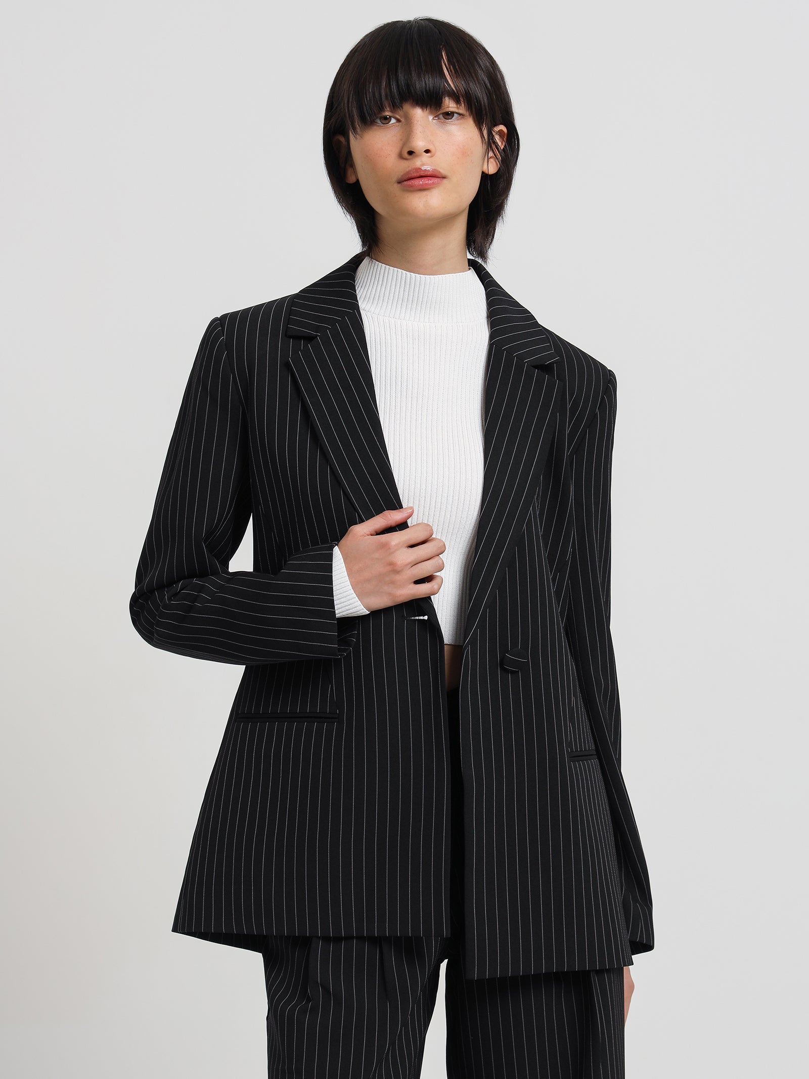 Taryn Blazer in Black Pinstripe