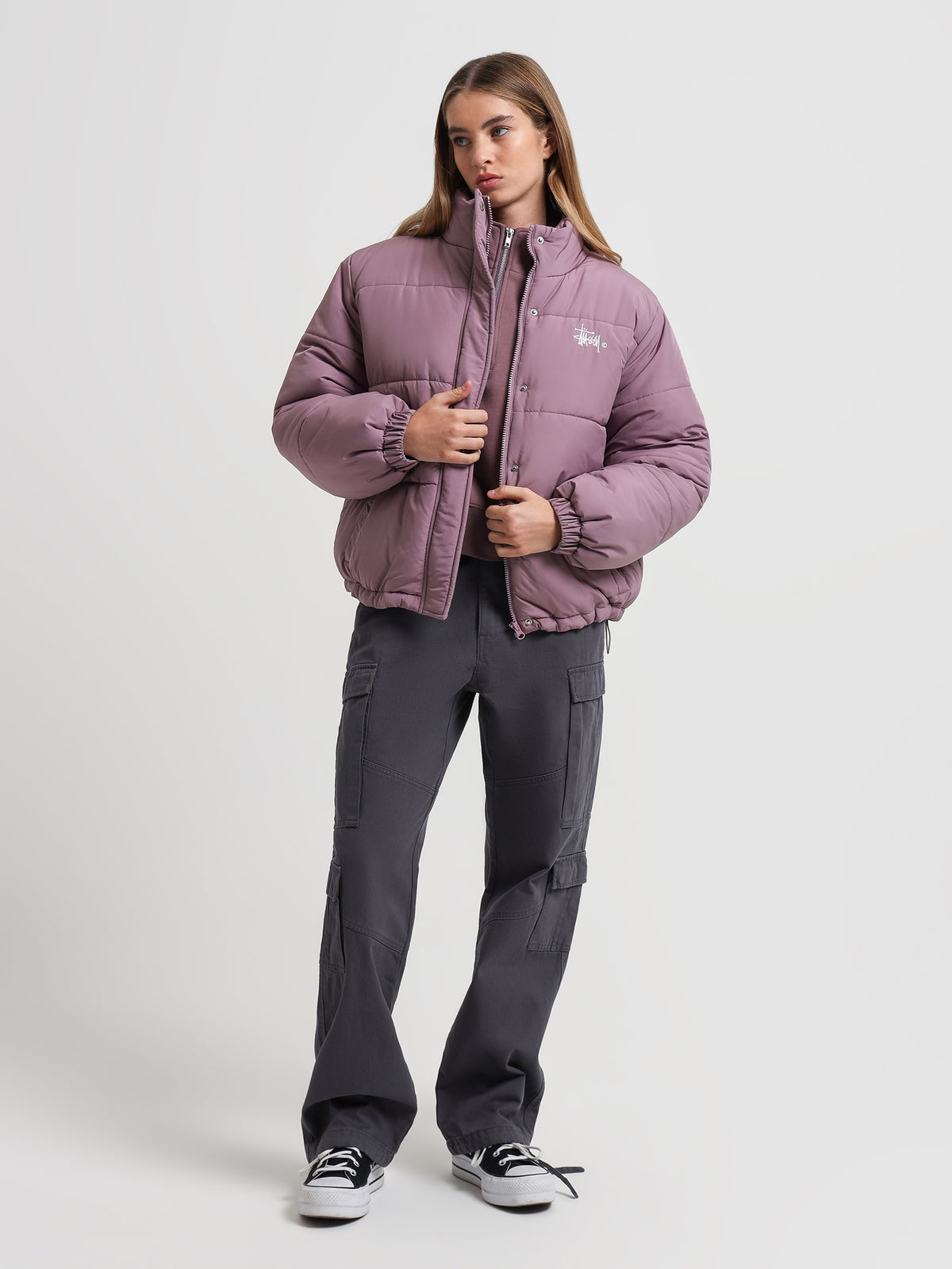 Stussy Graffiti Puffer Jacket in Rose | Rose