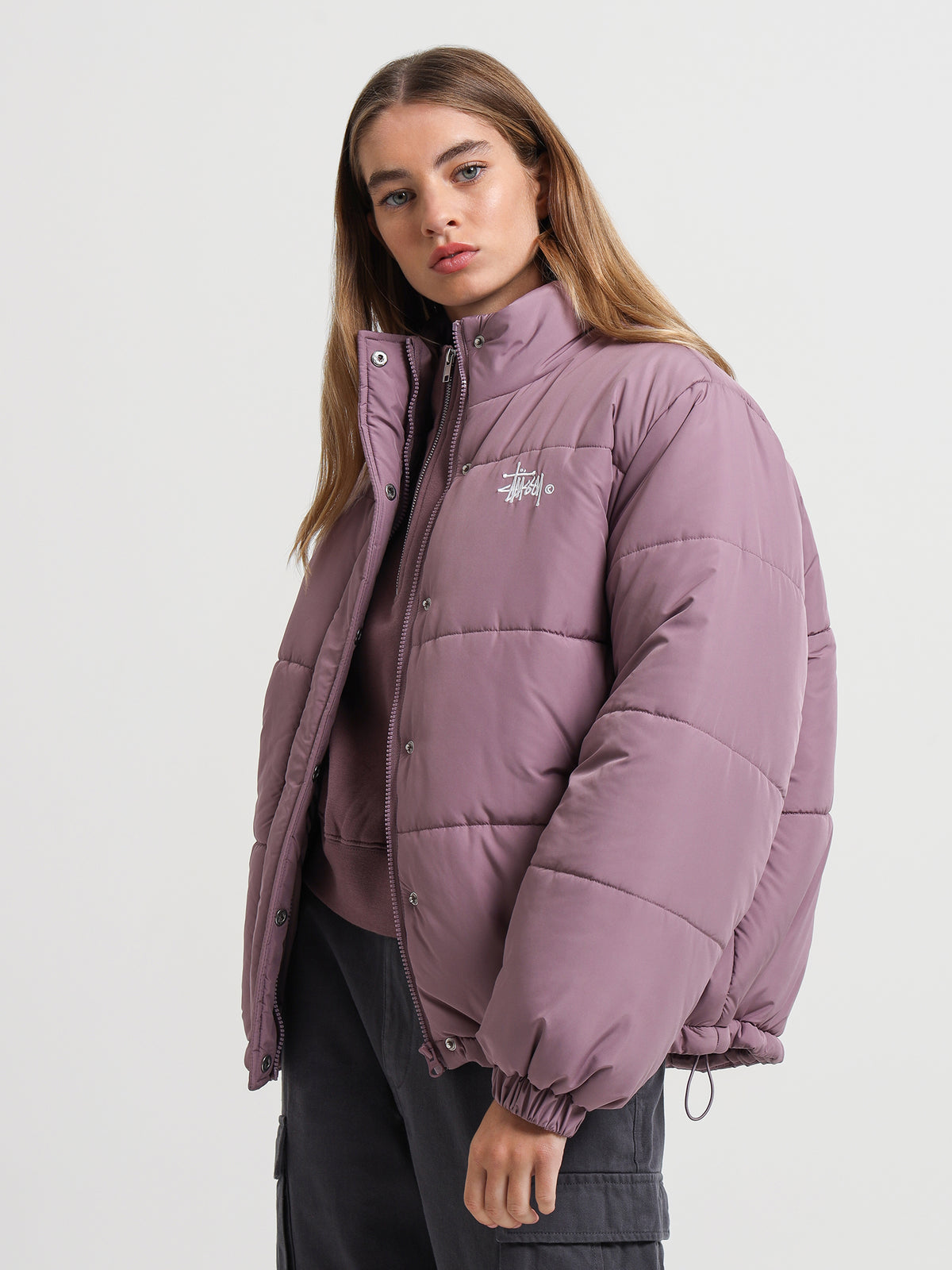 Stussy Graffiti Puffer Jacket in Rose | Rose