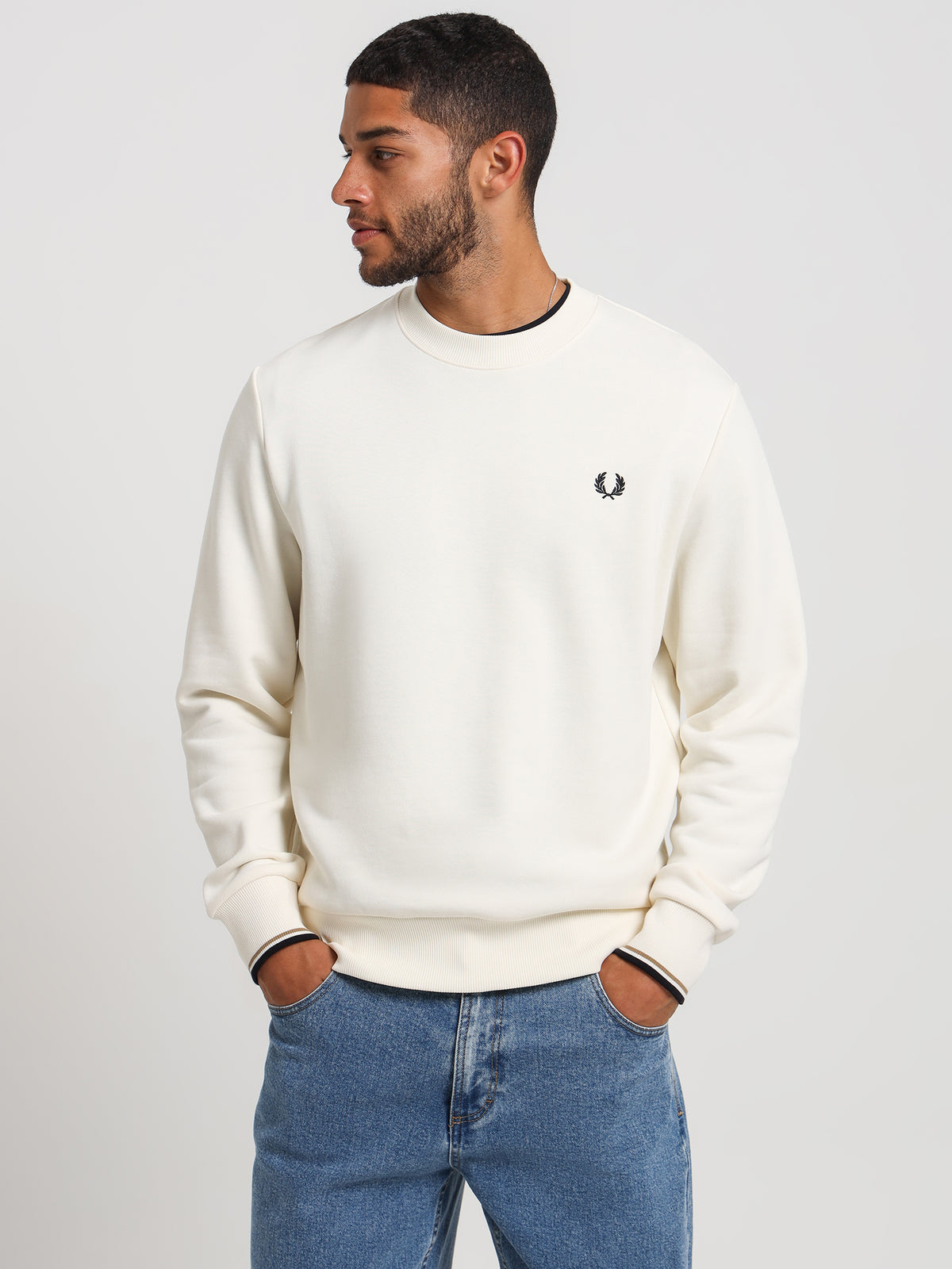 Fred Perry Crew Neck Sweatshirt in Ecru White | Ecru