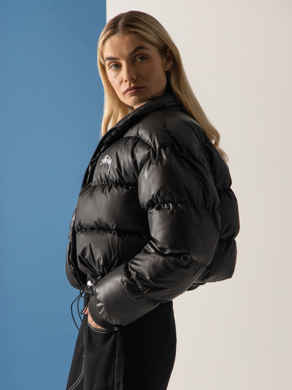 Stussy Stock Crop Puffer Jacket in Black | Black