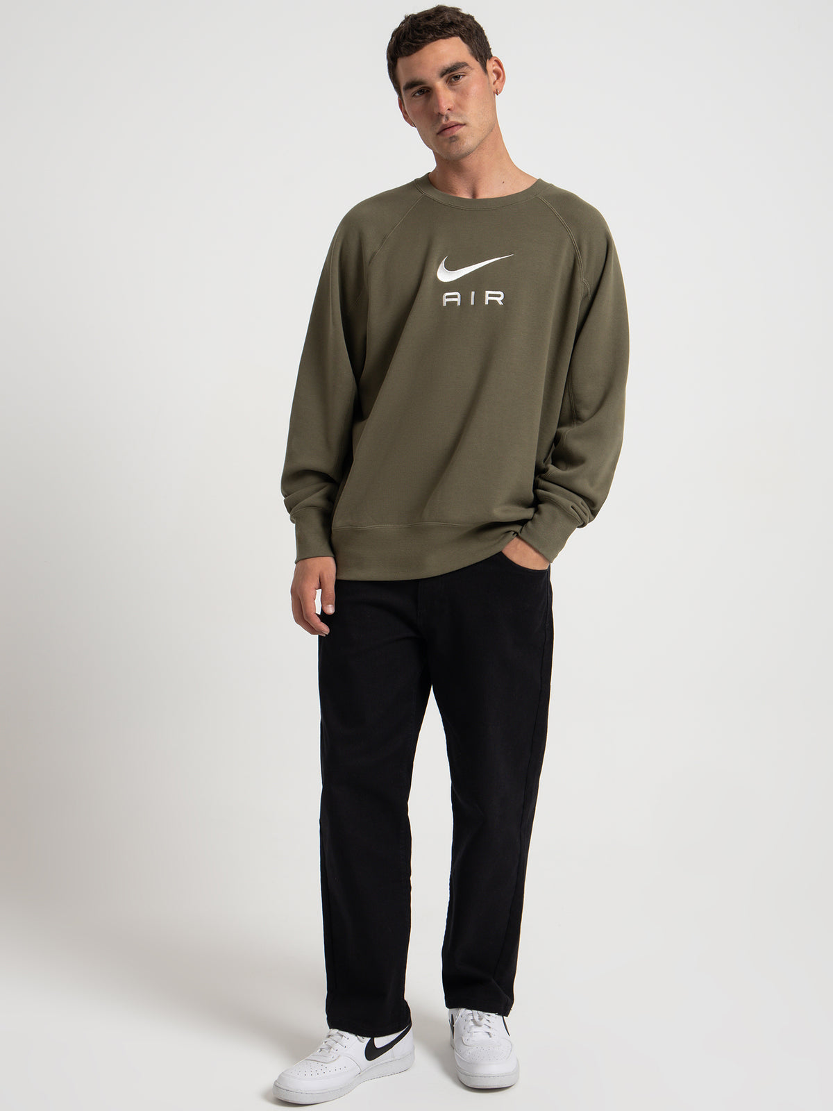 Nike Sportswear Nike Air Fleece Terry Crew Sweater in Medium Olive | Olive