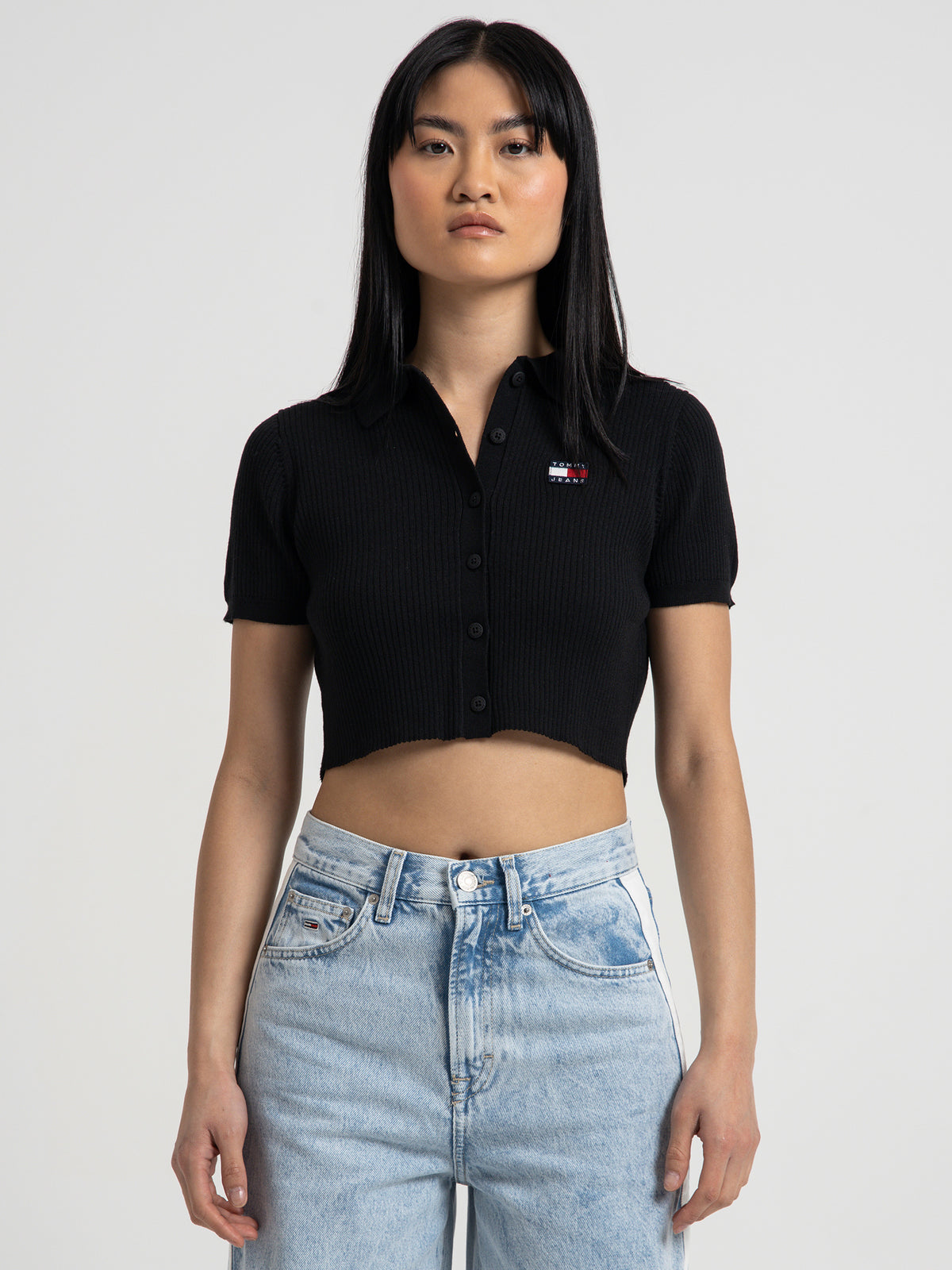 Tommy Hilfiger Button Through T-Shirt in Black | Black