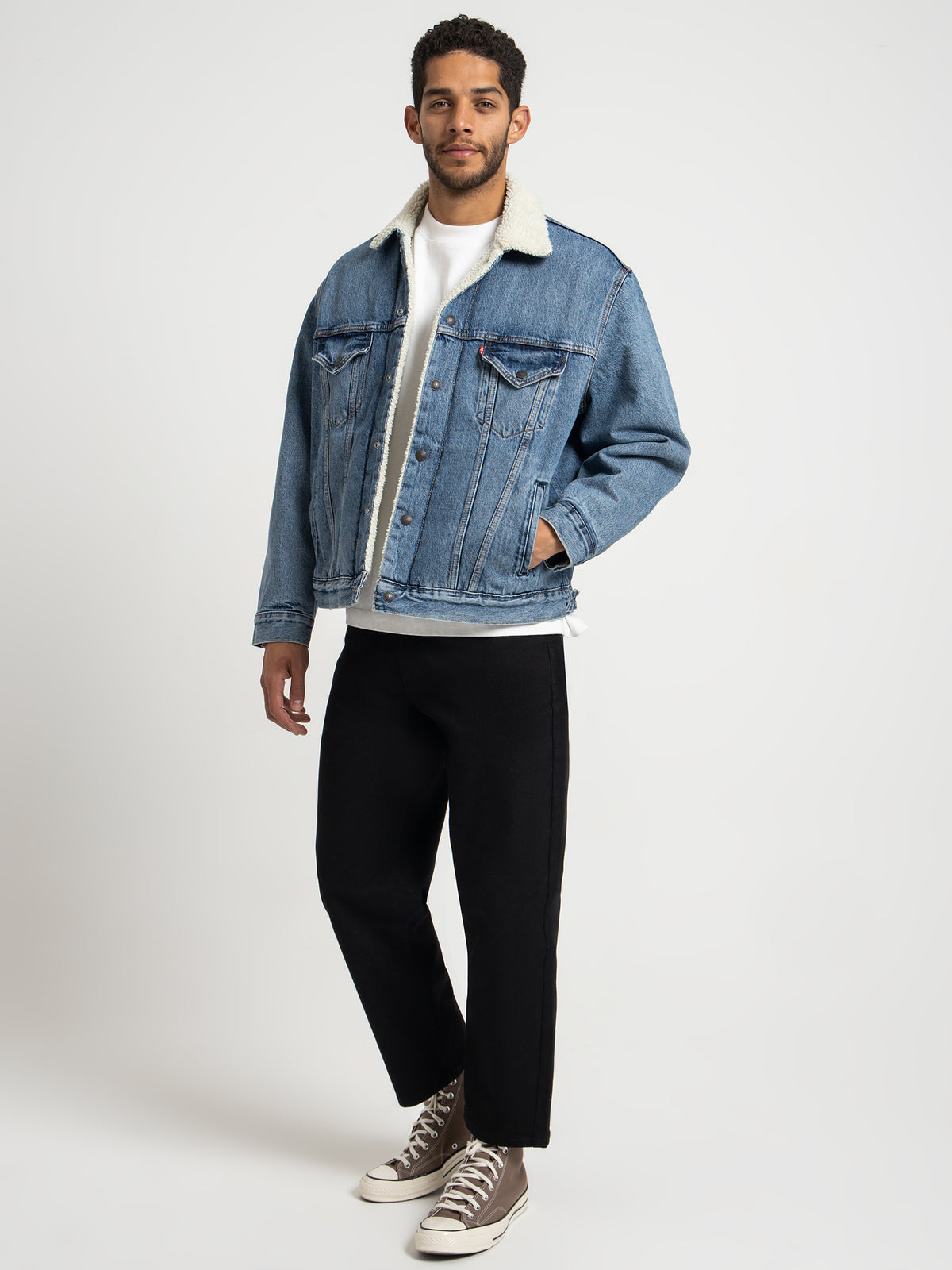 Levis Vintage Fit Sherpa Trucker Jacket in Disco Lady Blue Stonewash | Blue Stone