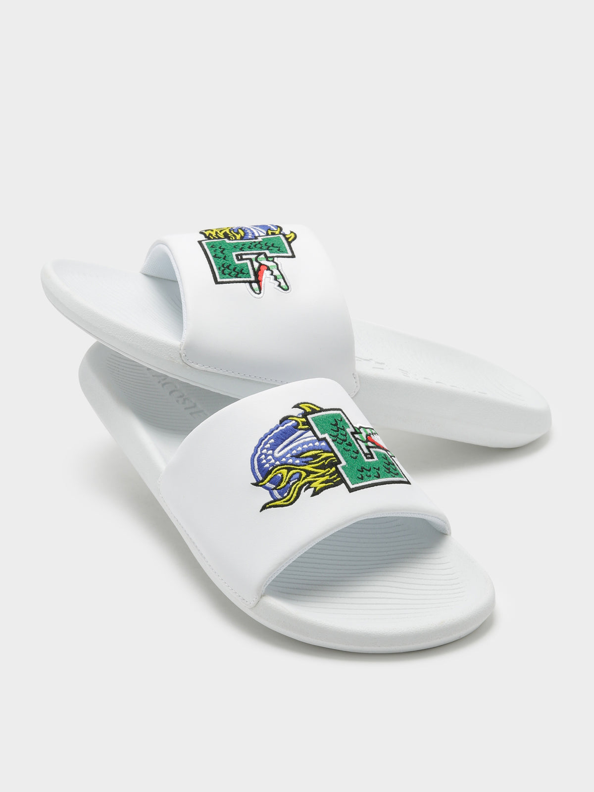 Lacoste Mens Croco Slides 222 in White & Green | White/Green