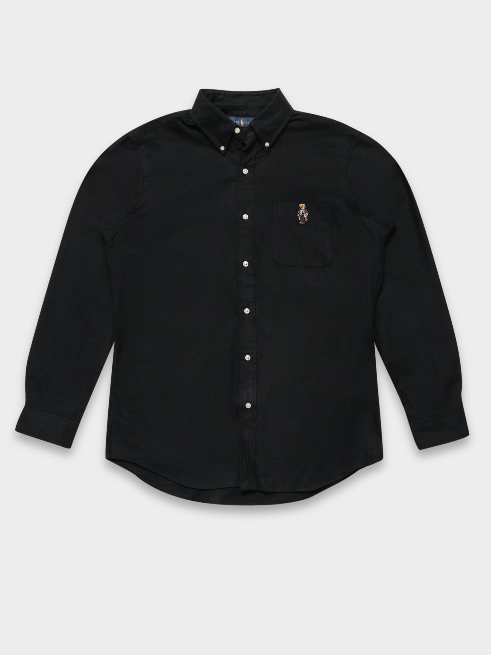 Woven Polo Bear Long Sleeve Shirt in Black