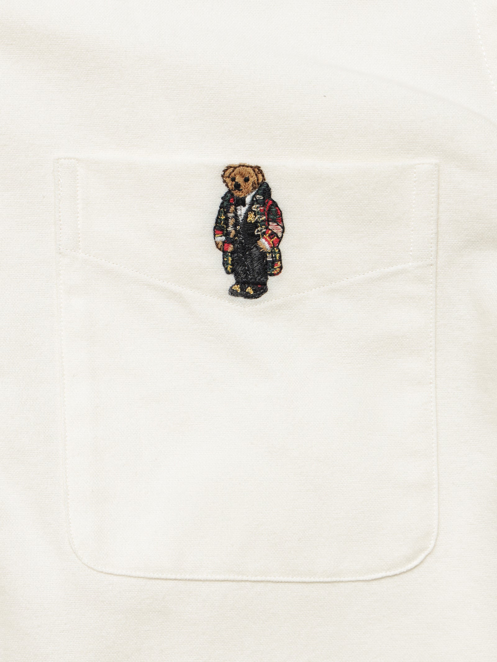 Woven Polo Bear Long Sleeve Shirt in Natural