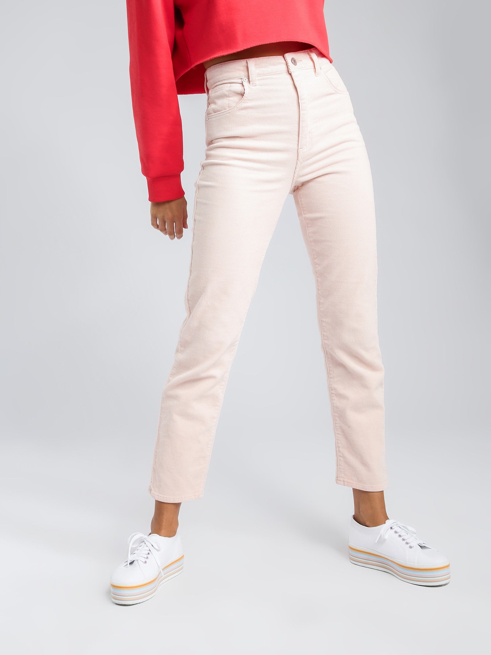 94 High Rise Slim Leg Mom Jeans in Pink Corduroy